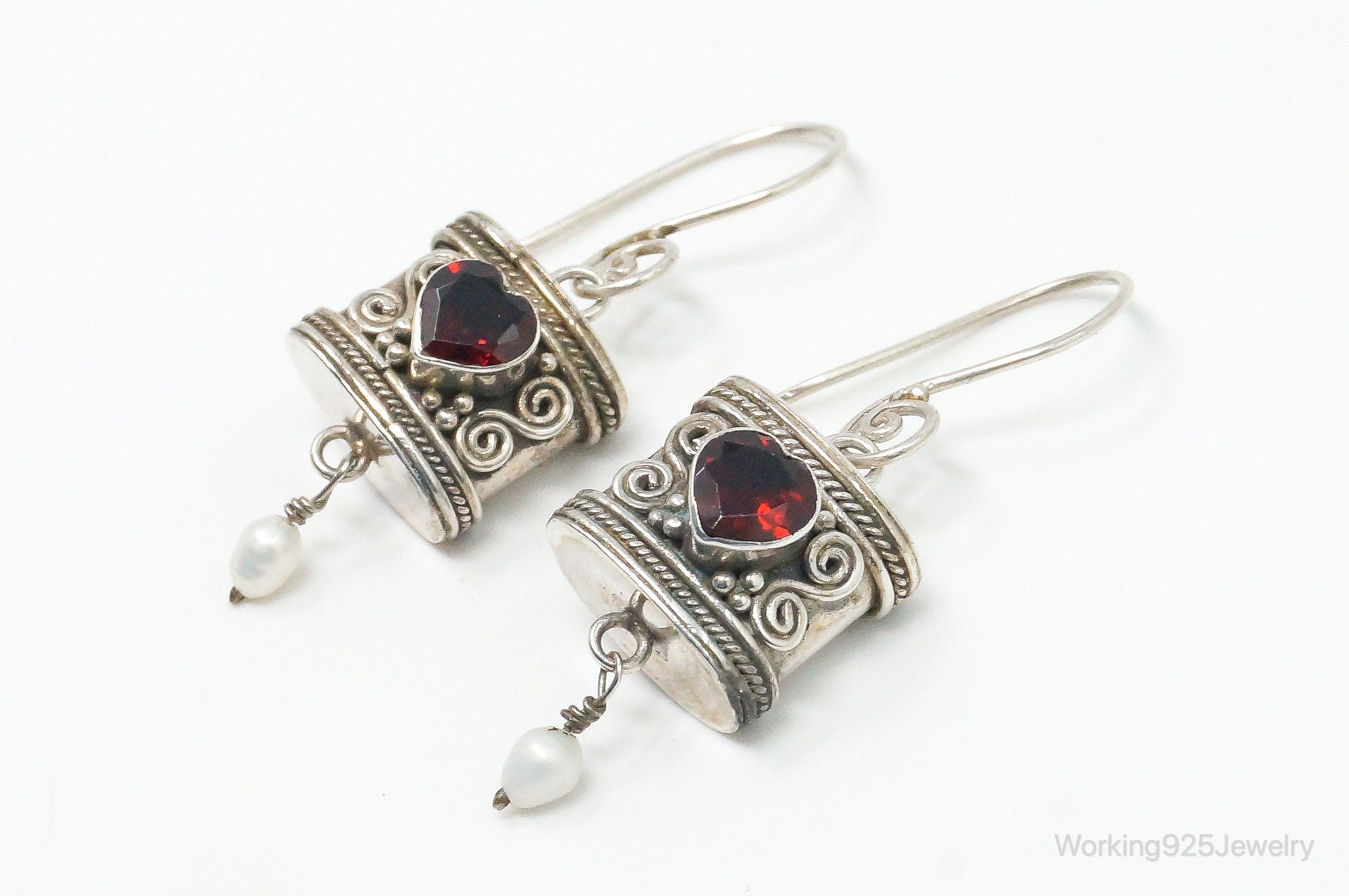 Vintage Garnet Heart Pearl Bali Inspired Sterling Silver Earrings