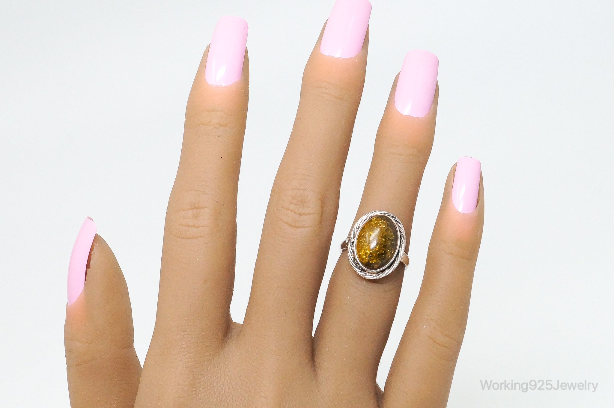 Vintage Amber Modern Sterling Silver Ring - Size 5