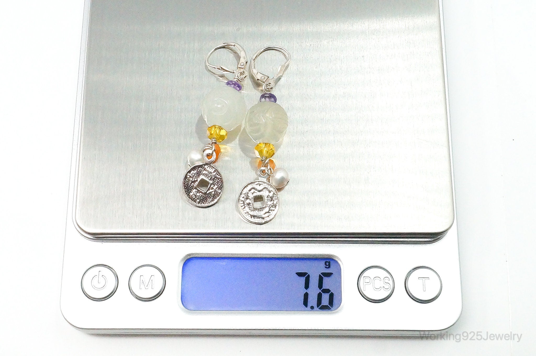 Vintage Jade Amethyst Citrine Pearl Chinese Coin Style Sterling Silver Earrings