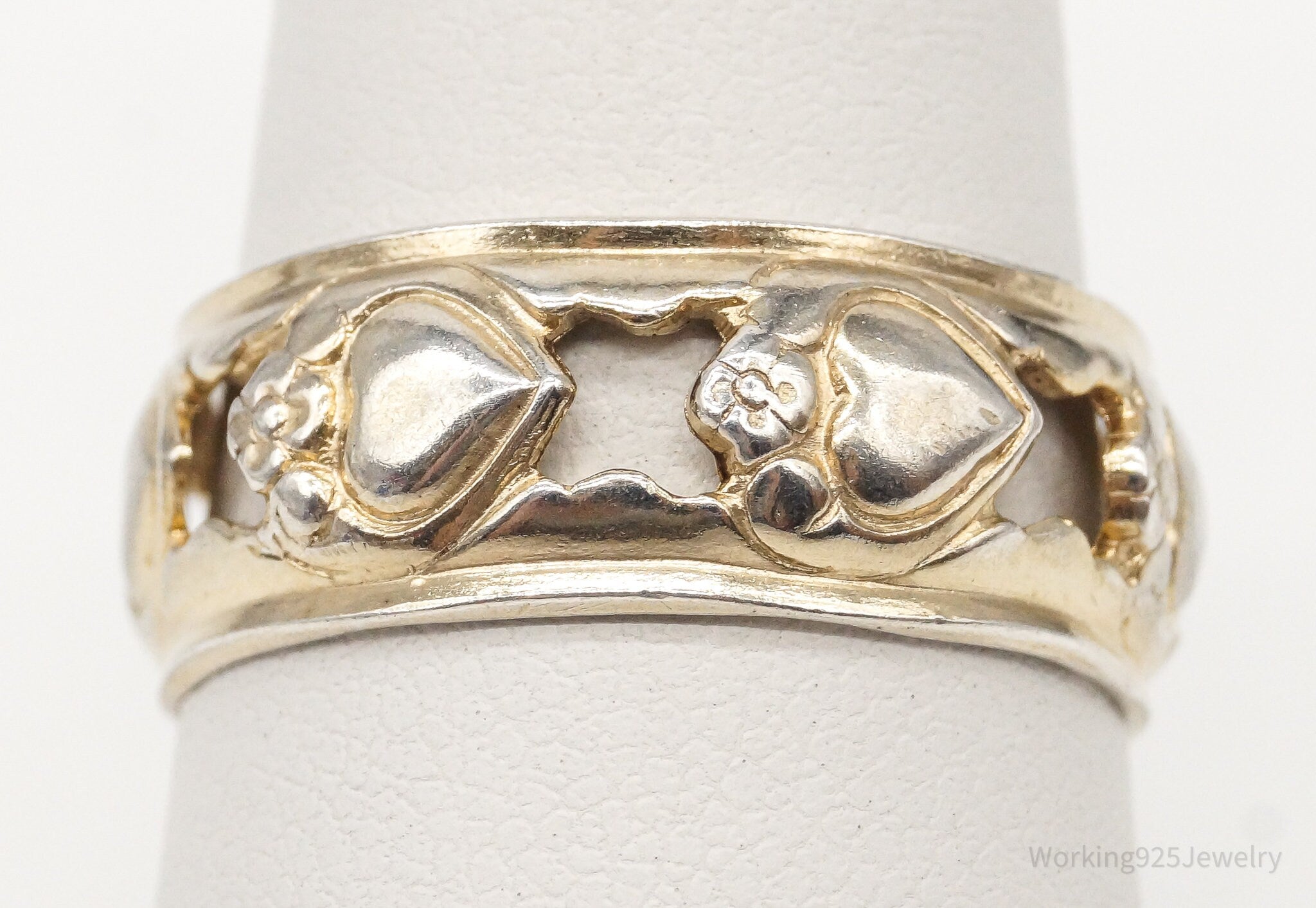 Antique Flowered Hearts Gold Wash Sterling Silver Band Ring - Size 8.25