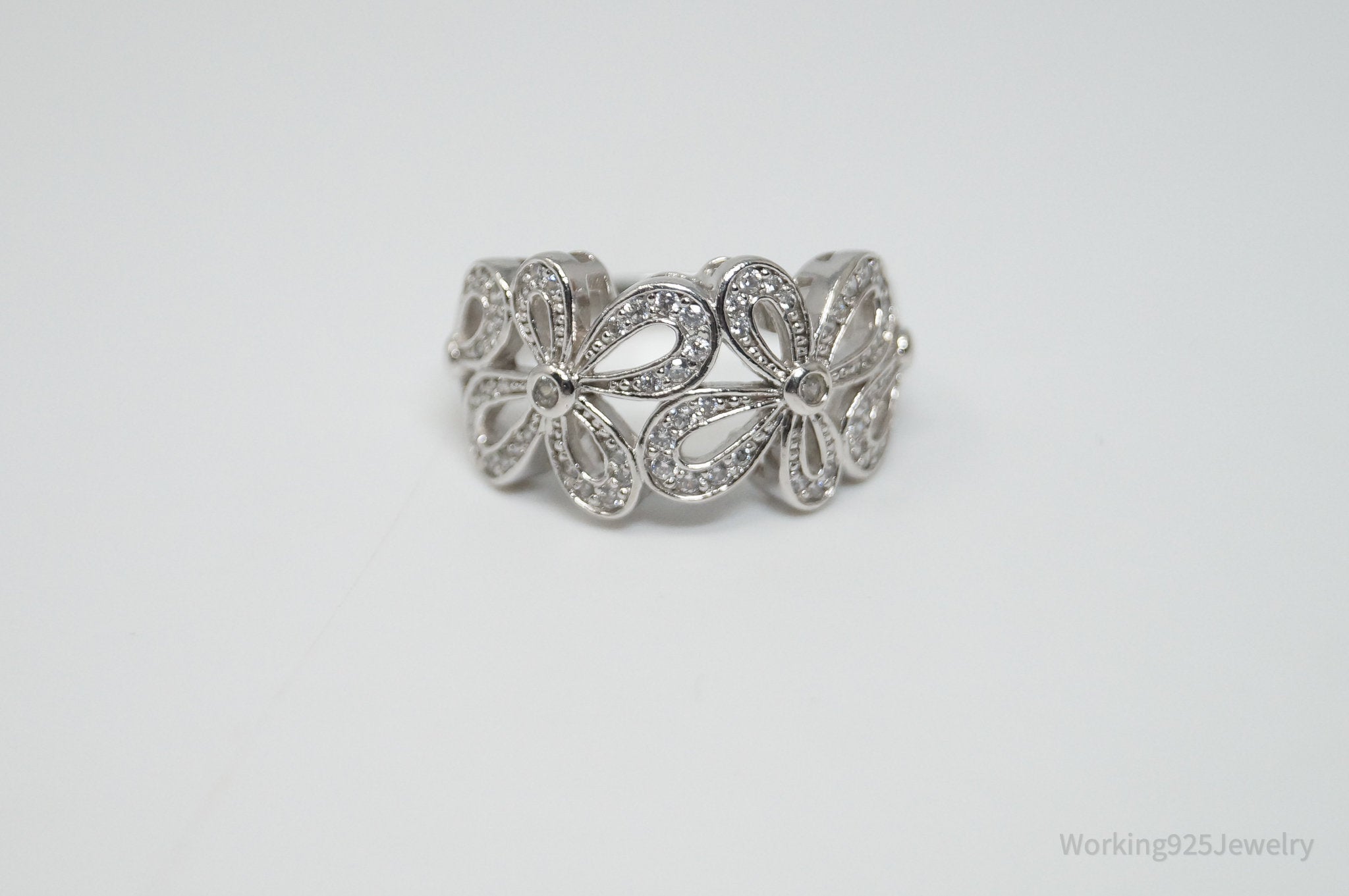 Vintage Designer SW Cubic Zirconia Floral Sterling Silver Ring - Sz 9