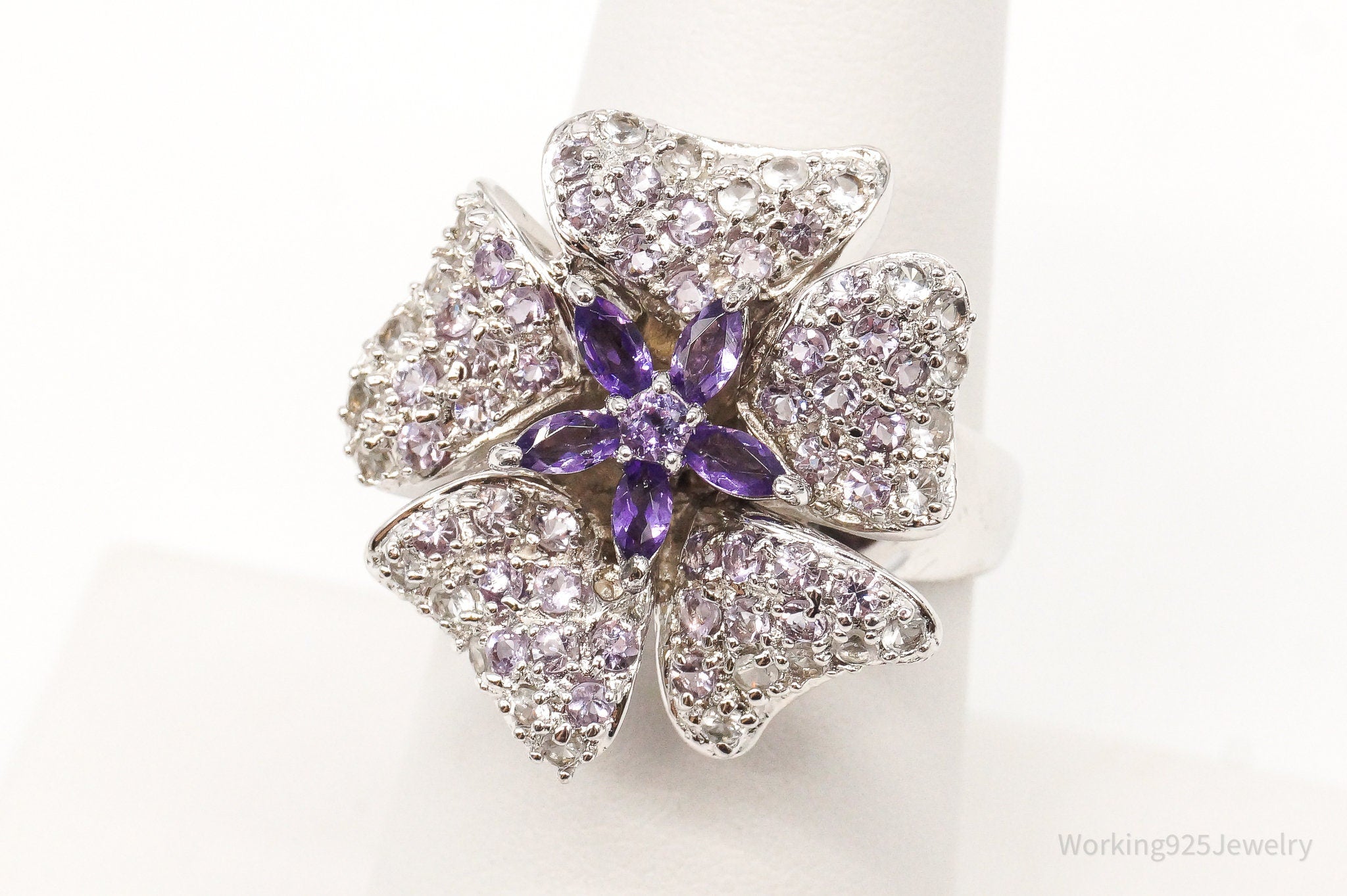 Designer Ross Simons Amethyst Cubic Zirconia Sterling Silver Flower Ring SZ 7.25