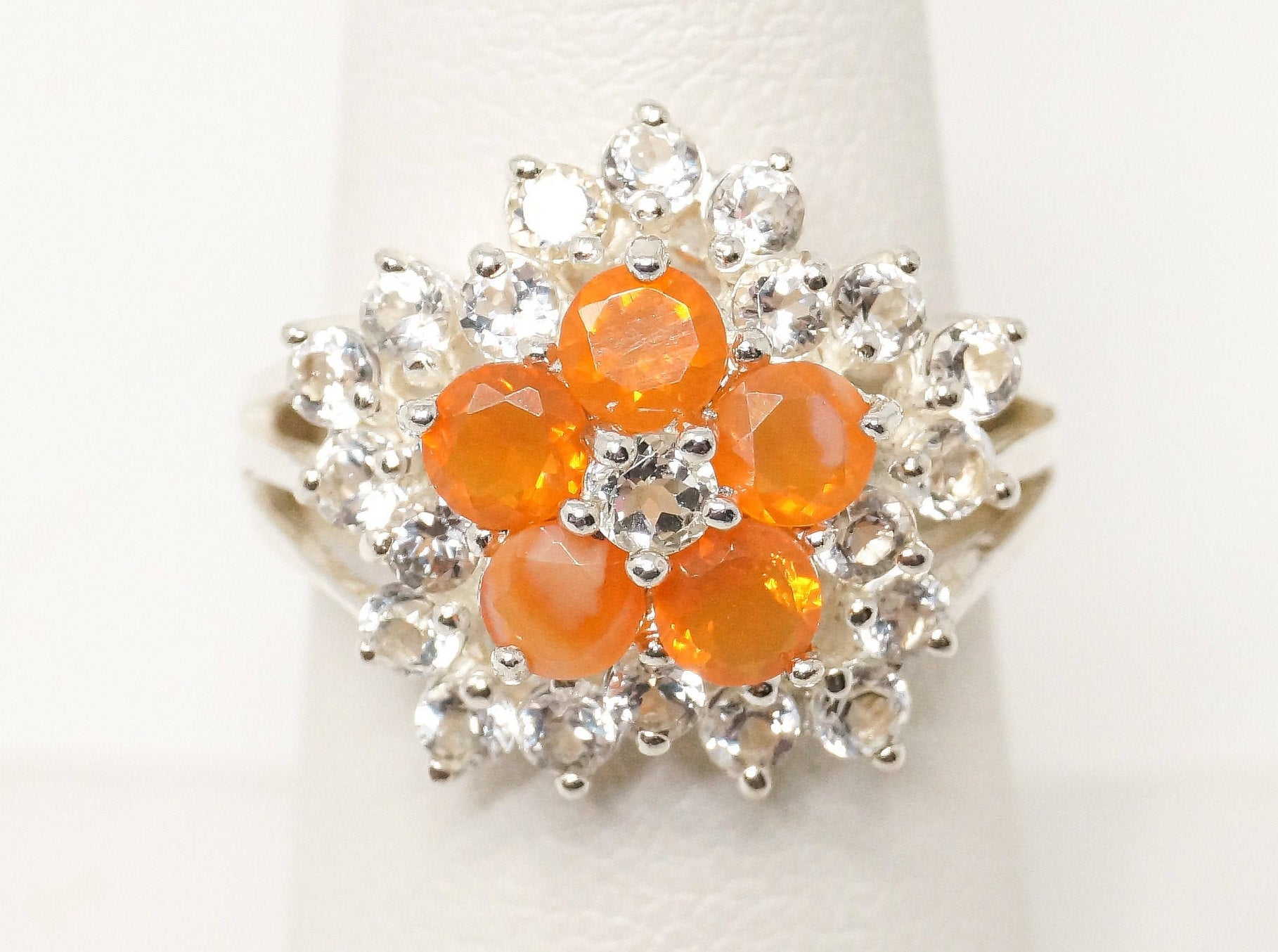 Vintage Art Deco Orange Gemstone CZ Statement Sterling Silver Ring - Size 6.75