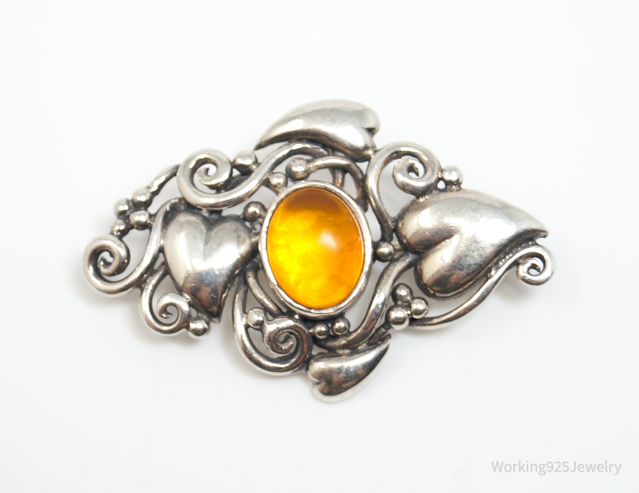 Vintage Designer BOMA Amber Heart Sterling Silver Brooch Pin