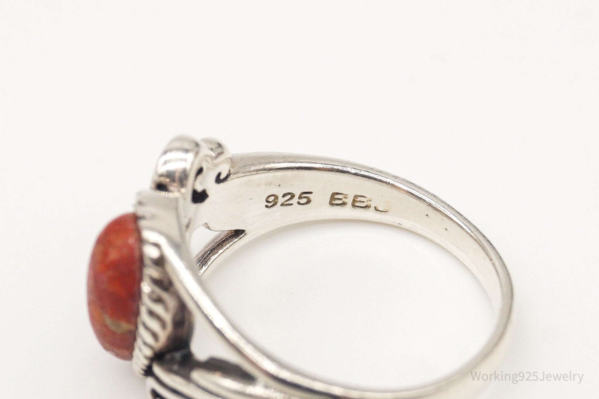 Designer BBJ Red Coral Sterling Silver Ring - Size 6.75