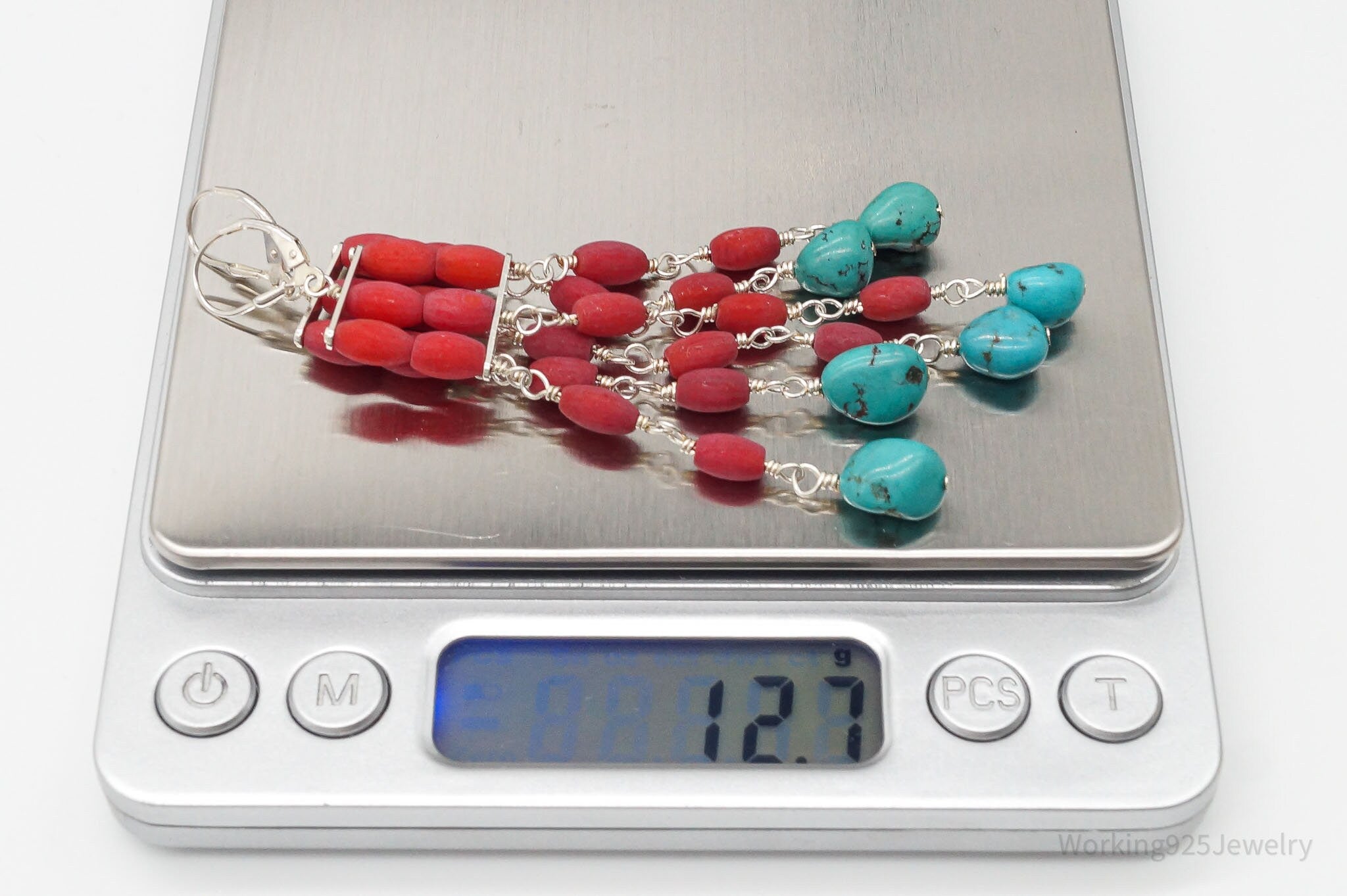 Designer SX Turquoise & Coral Sterling Silver Earrings