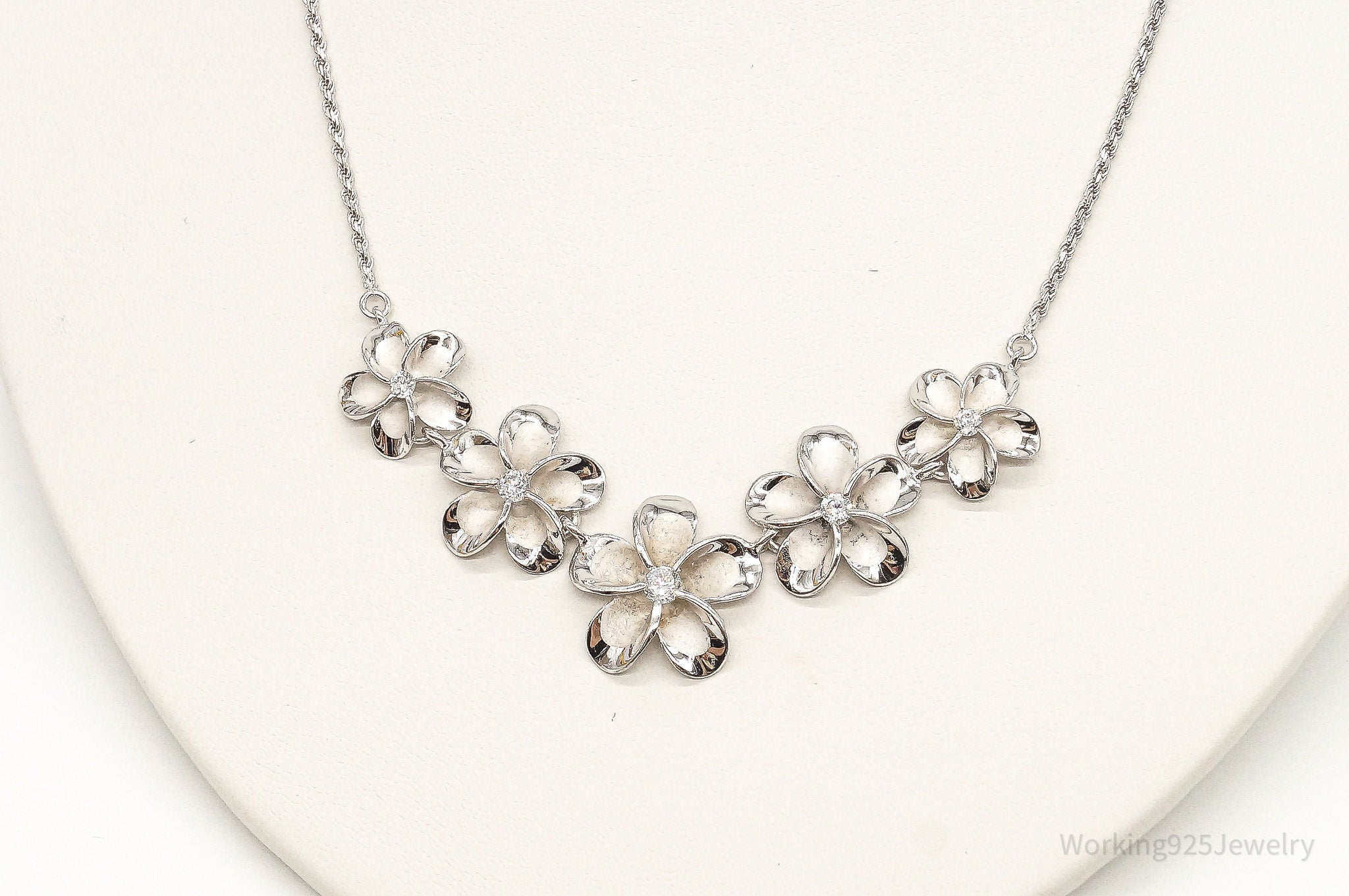 Designer Cubic Zirconia Sterling Silver Flower Necklace