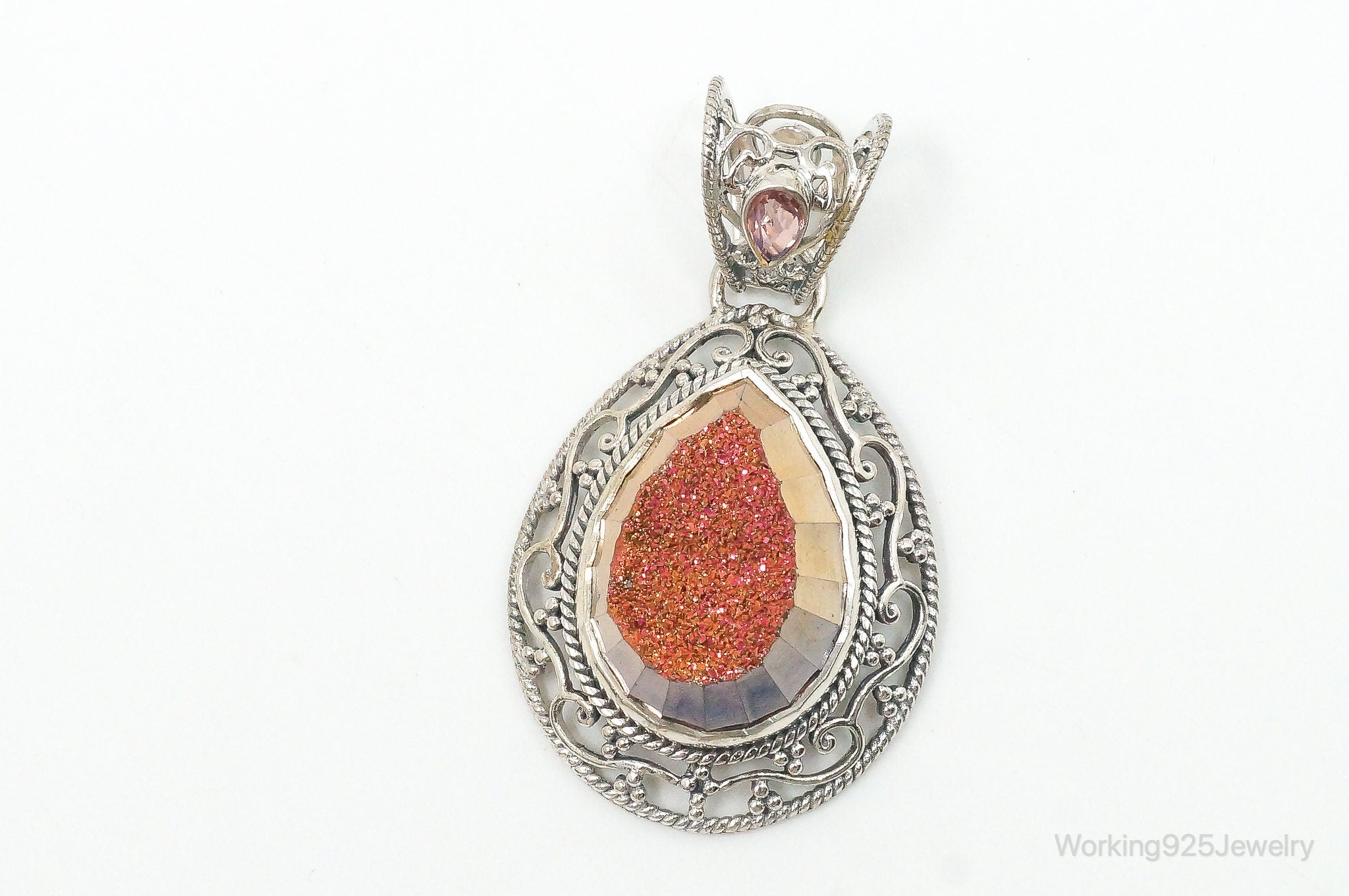 SAJEN Large Druzy Quartz Mystic Topaz Sterling Silver Necklace Pendant