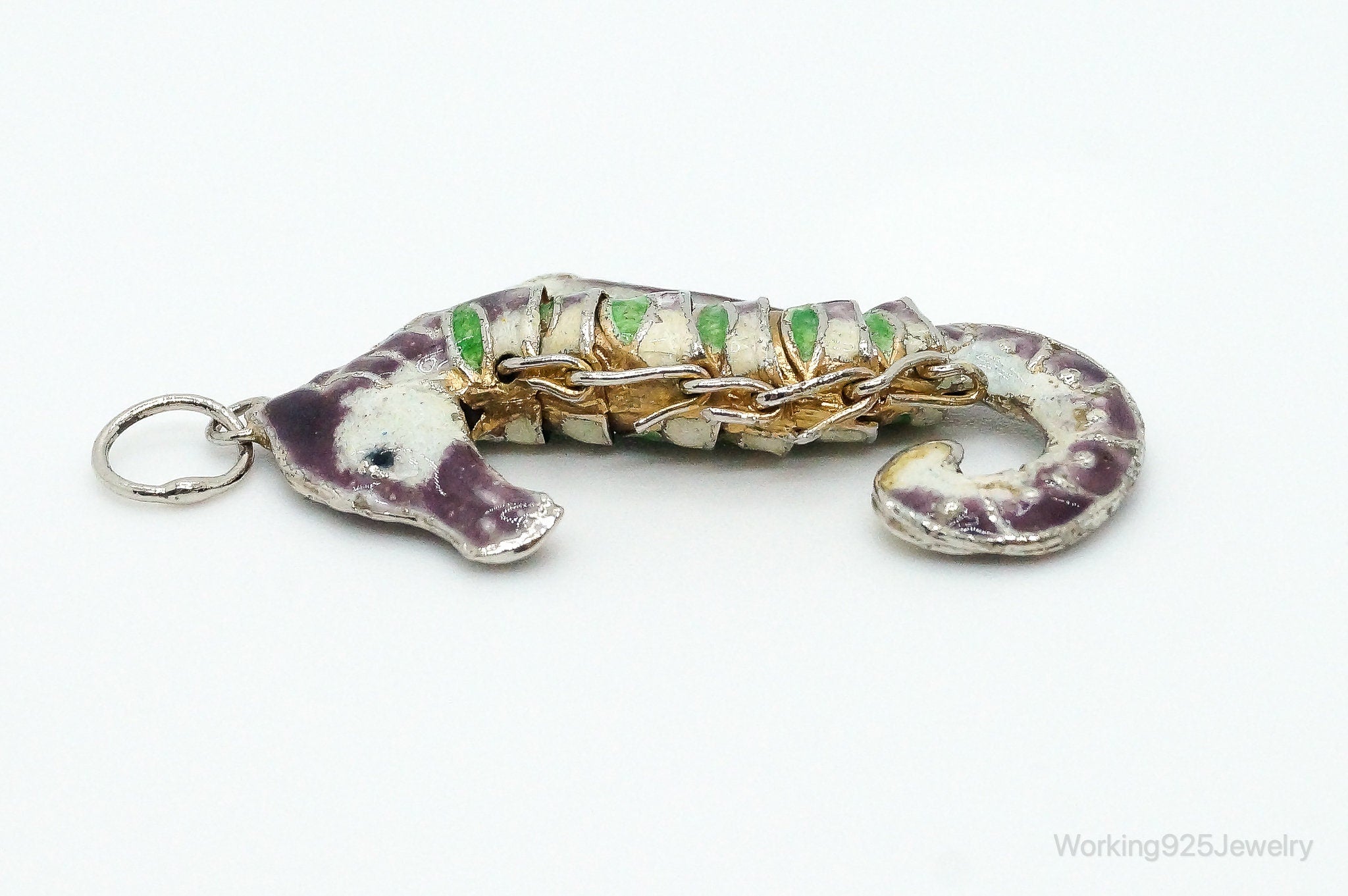 Antique Chinese Articulated Cloisonne Enameled Vermeil Silver Seahorse Pendant