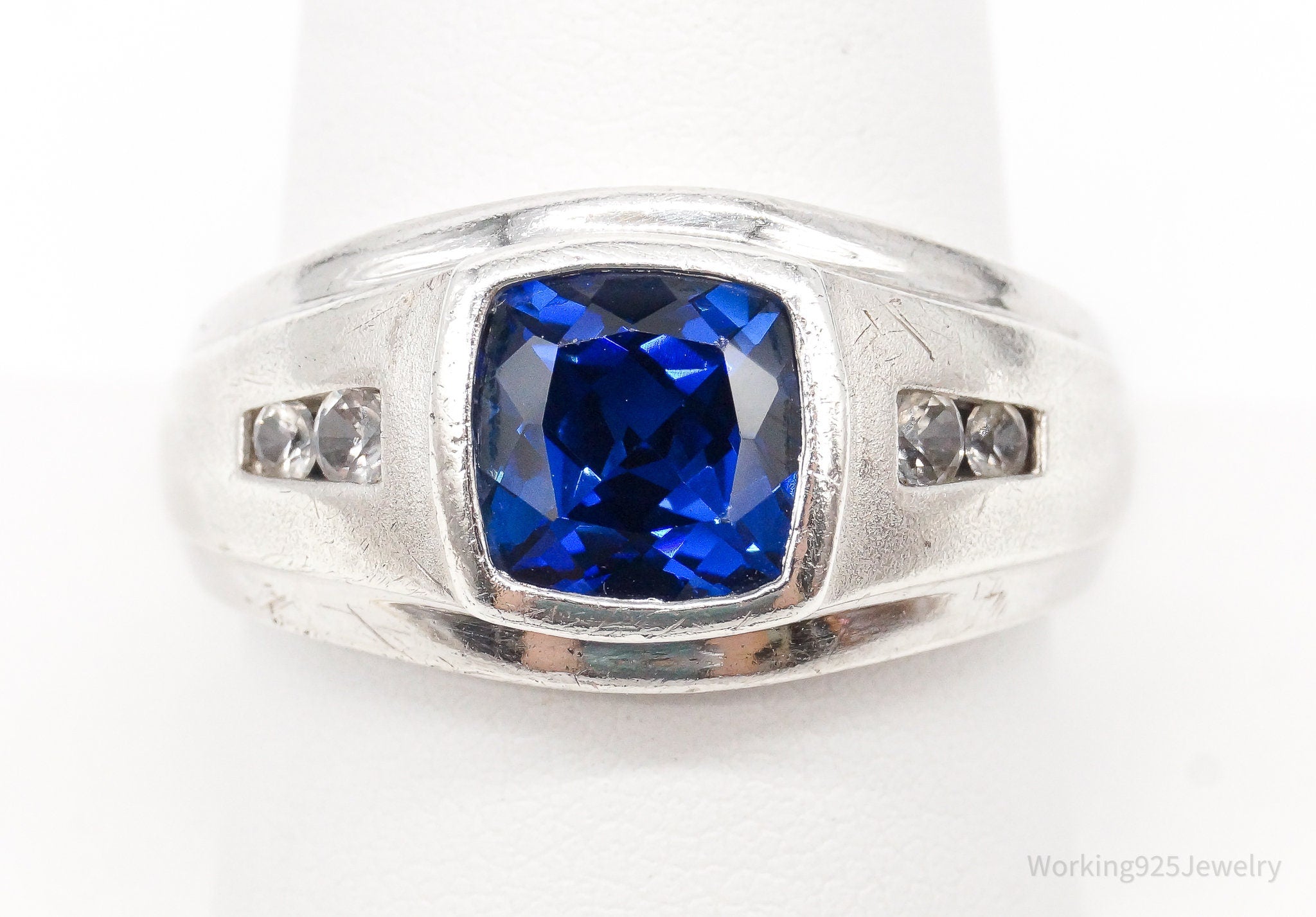 Vintage Lab Sapphire Cubic Zirconia Sterling Silver Ring - Size 9.75