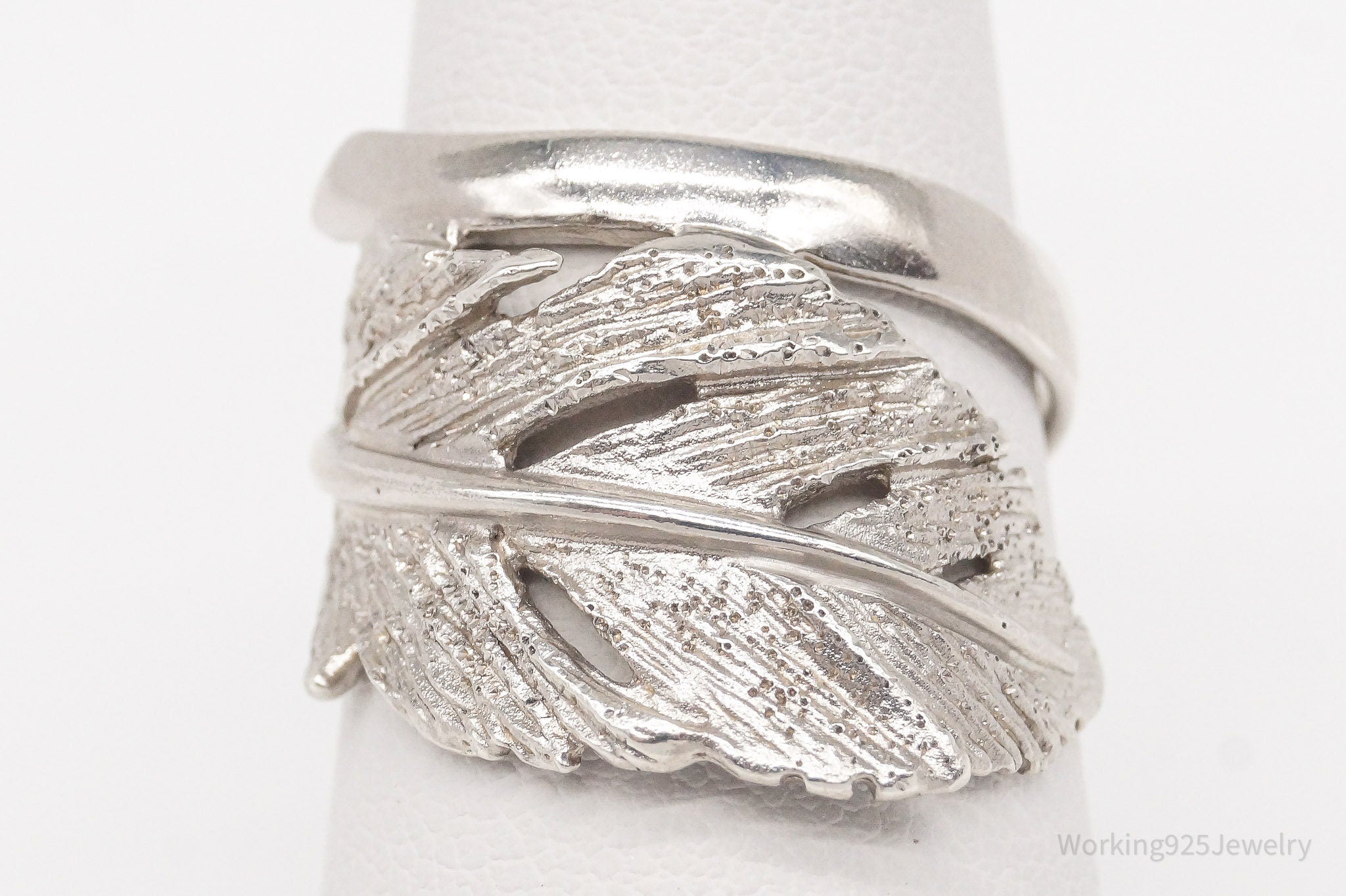 Vintage Italian Designer RCI Leaf Feather Sterling Silver Ring - Size 7.5