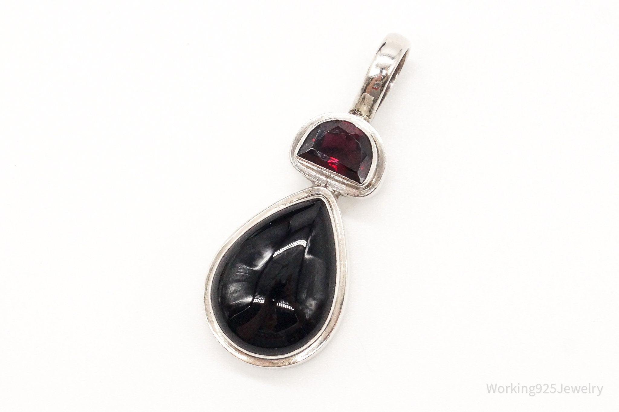 Large Vintage Black Onyx Garnet Sterling Silver Pendant