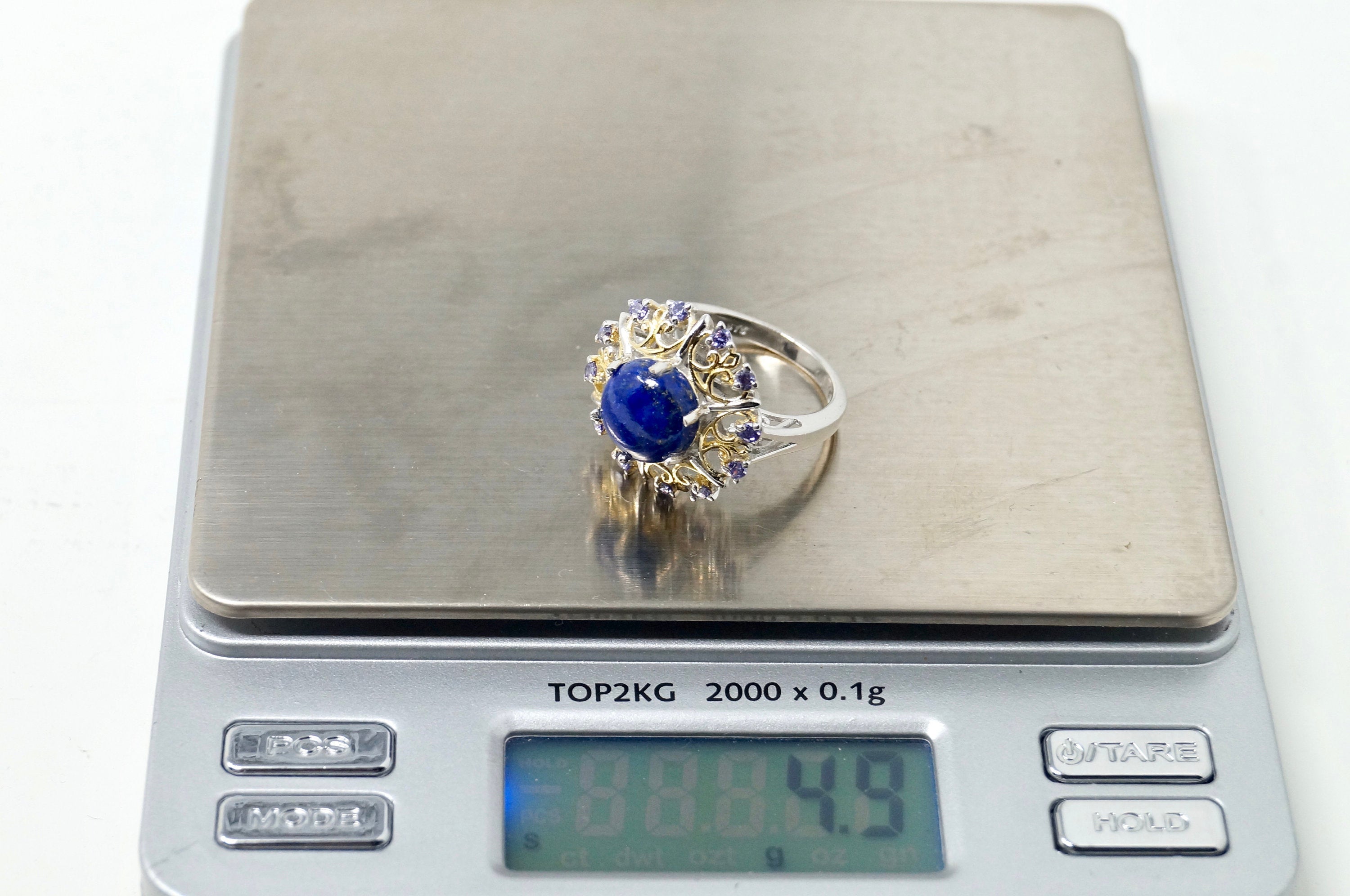 Vintage Karis Blue Lapis Lazuli Amethyst Gold Wash Deco Sterling Silver Ring Sz8