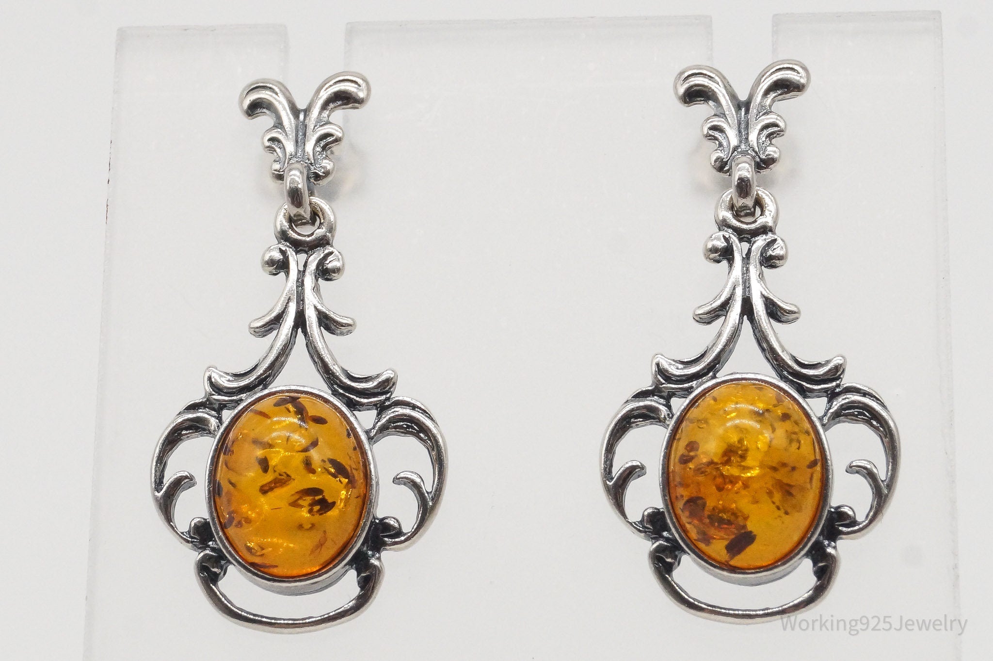 Vintage Amber Modernist Sterling Silver Earrings