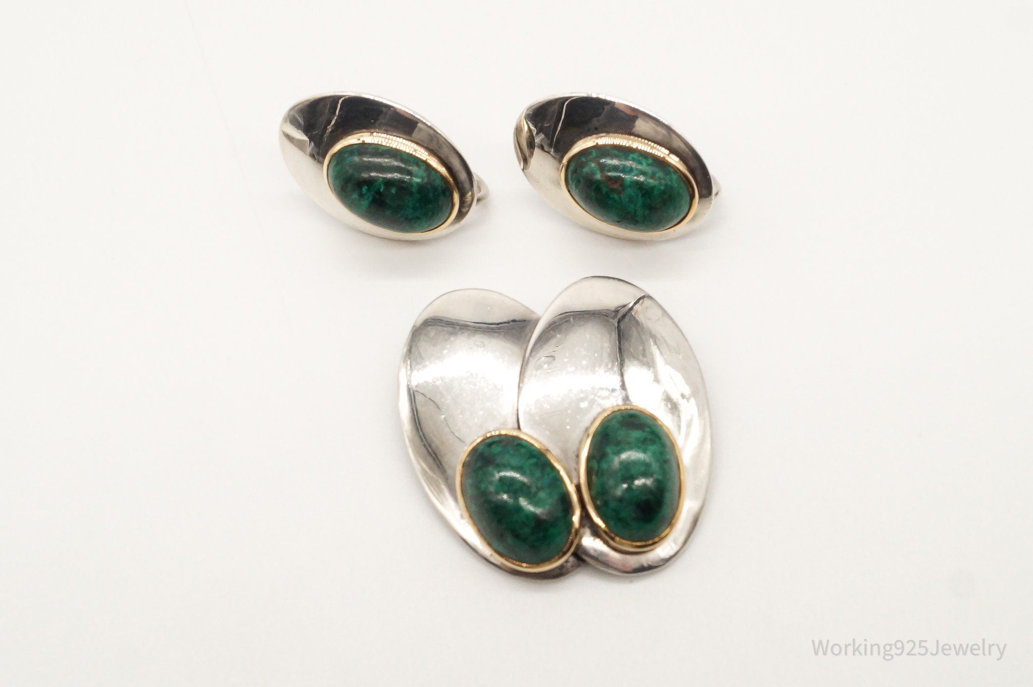 Vintage Carlos Diaz Malachite Gold Sterling Silver Earrings & Brooch Set