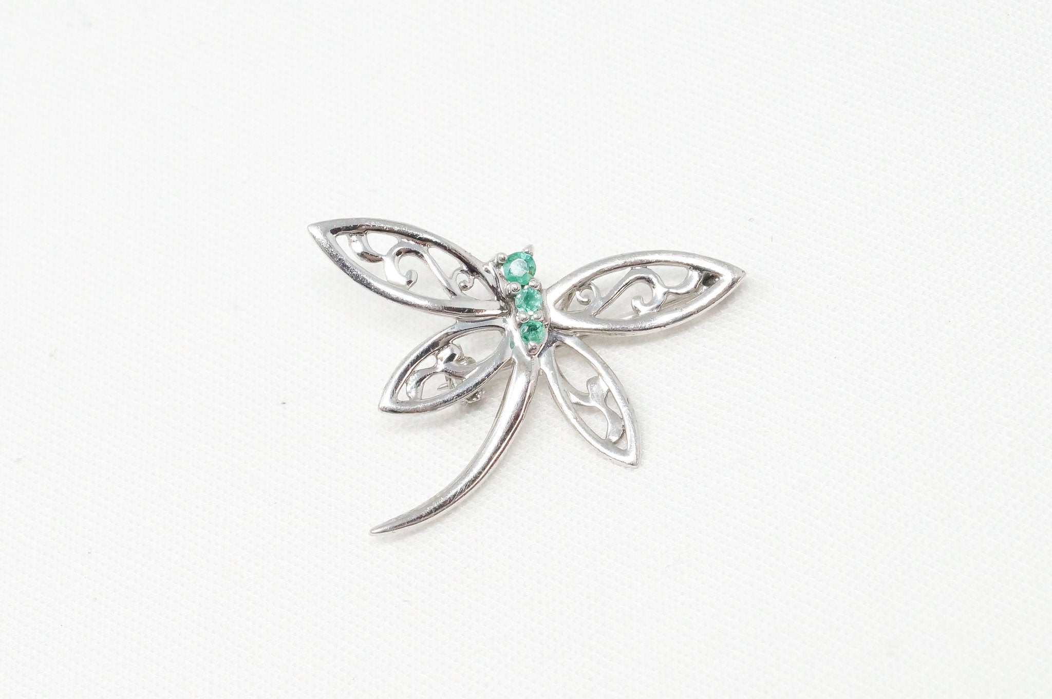 Vintage Emerald Dragonfly Sterling Silver Necklace Pendant