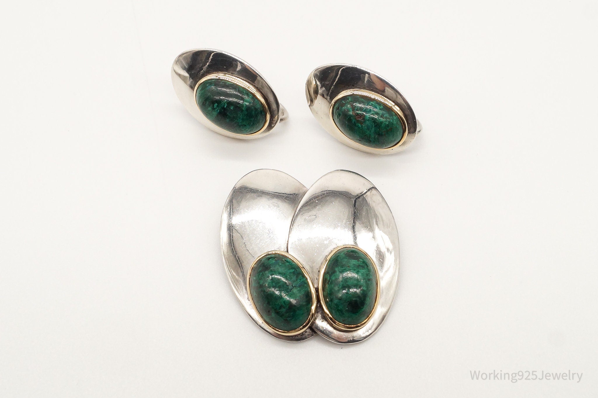 Vintage Carlos Diaz Malachite Gold Sterling Silver Earrings & Brooch Set