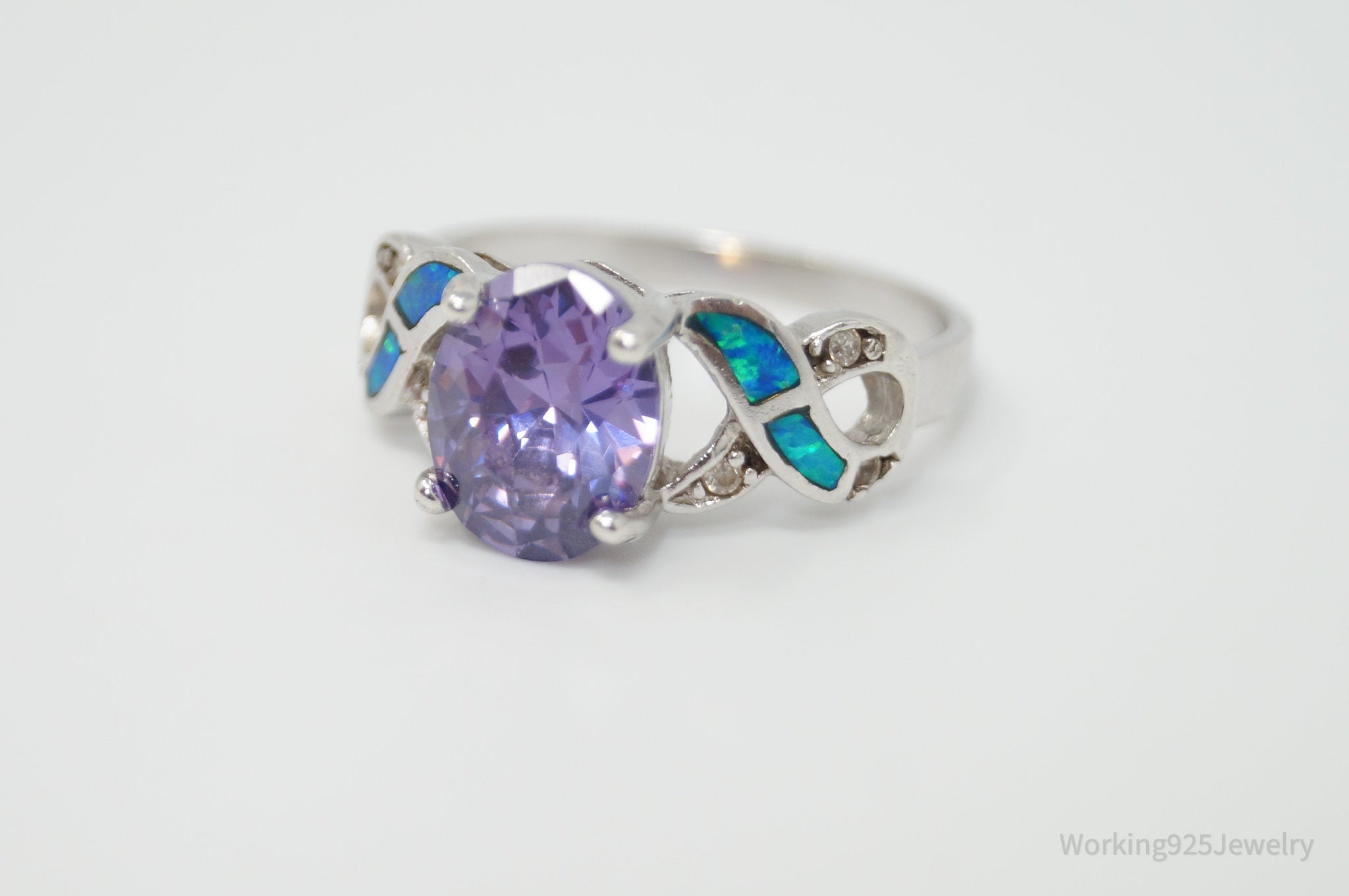 Vintage Designer Amethyst CZ Opal Sterling Silver Ring - Sz 8