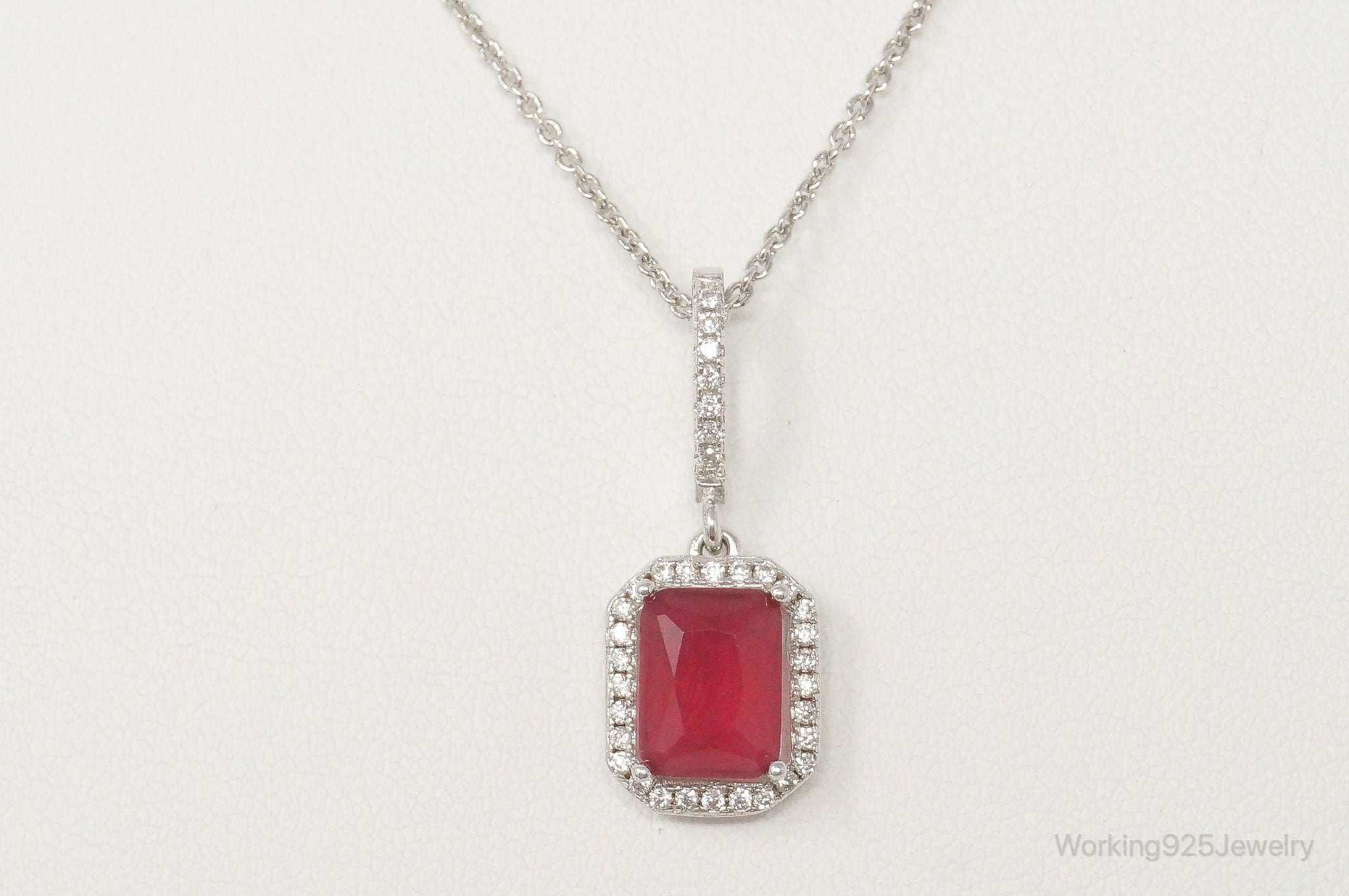 Vintage Art Deco Ruby Cubic Zirconia Sterling Silver Necklace