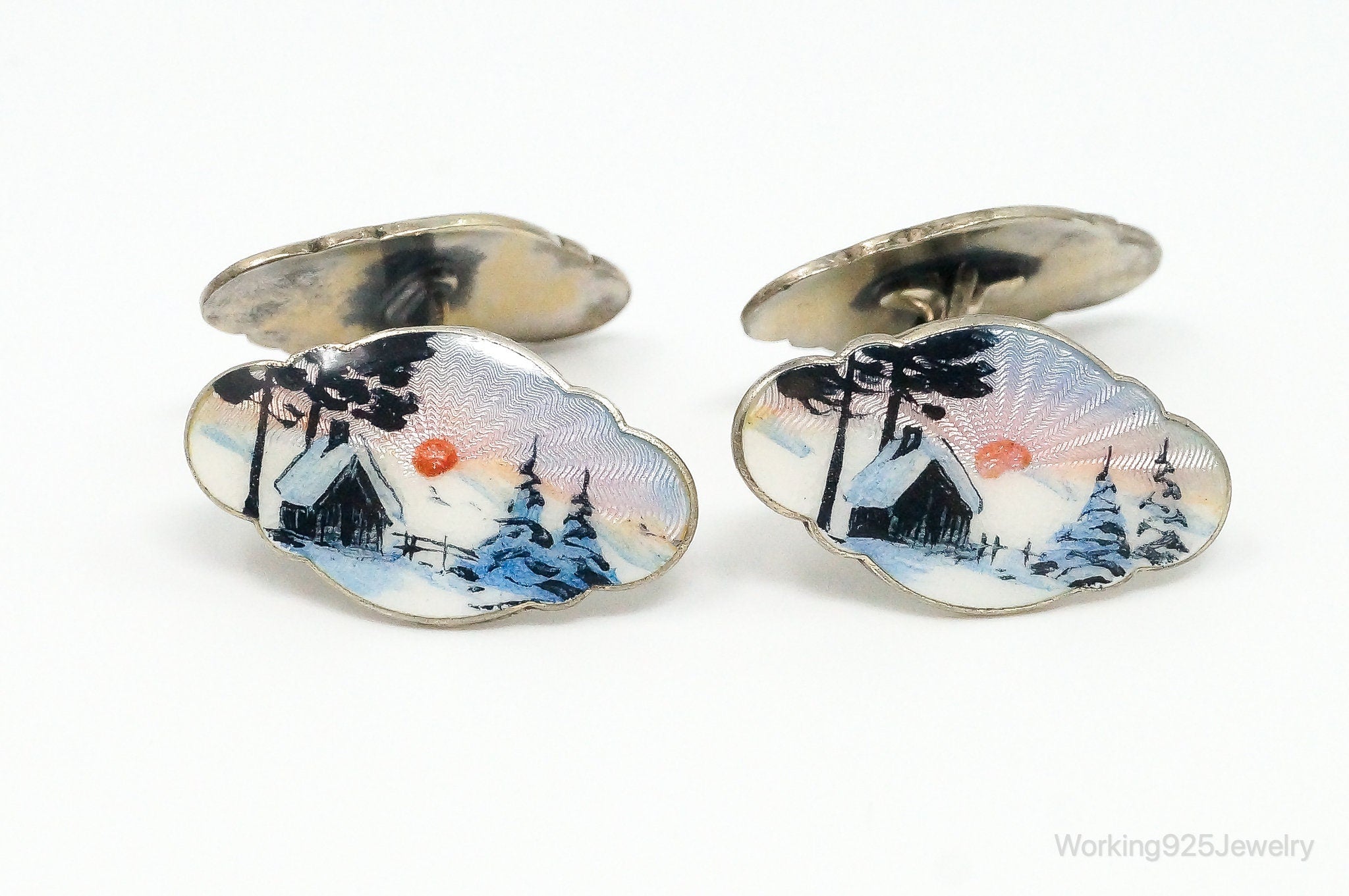 RARE Vintage Aksel Holmsen Enamel Cabin Scene Sterling Silver Cufflinks