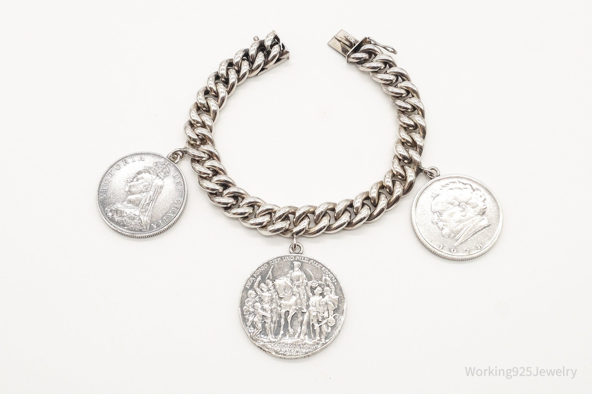 Vintage Antique Coins Charms 835 Silver Bracelet