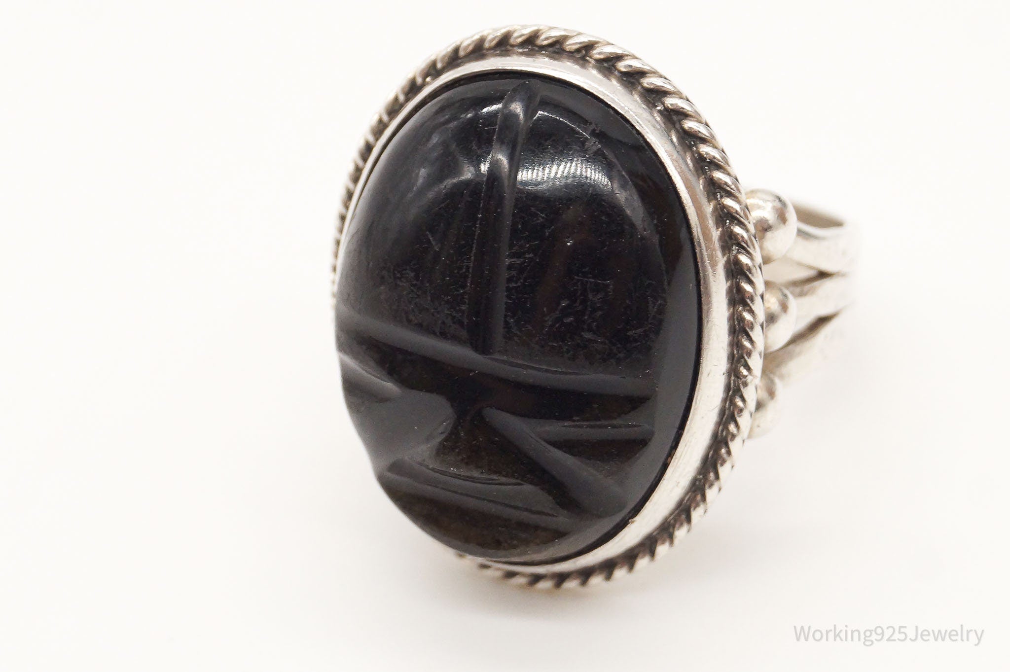 Vintage Carved Black Onyx Mask Silver Ring - Size 7.25