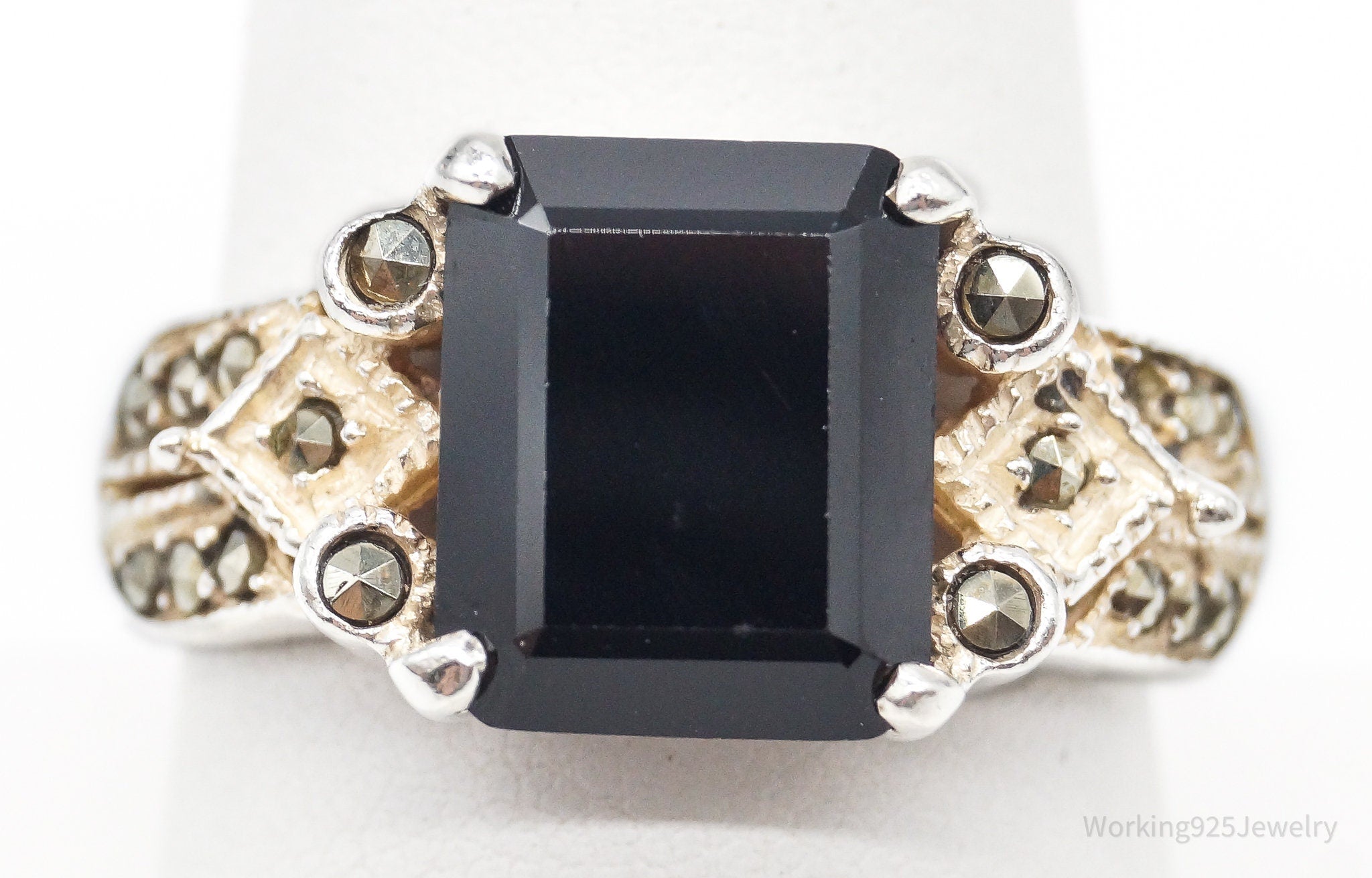 Vintage Art Deco Marcasite Black Onyx Sterling Silver Ring - SZ 9