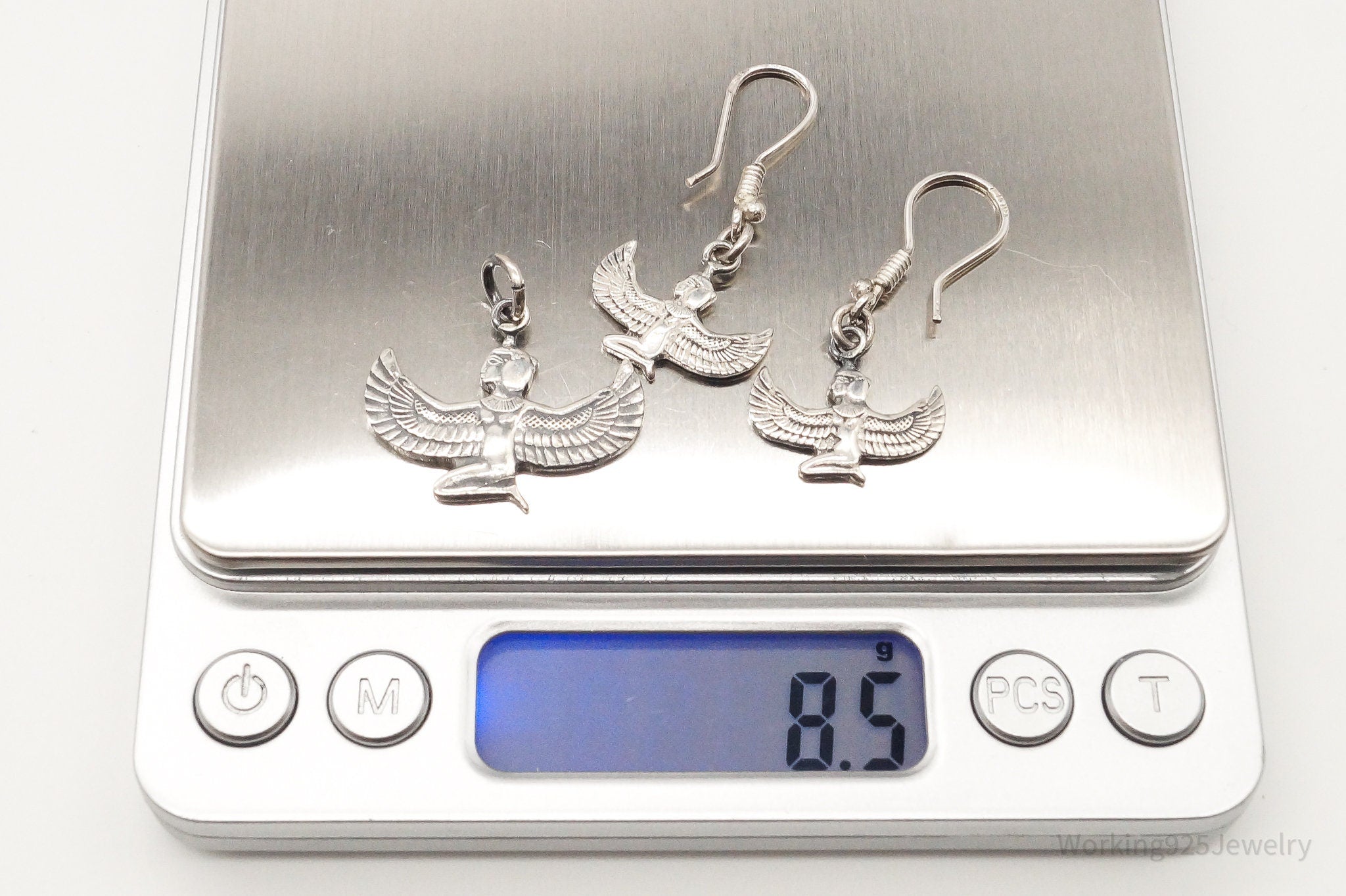 Vintage Egyptian Winged Goddess Isis Sterling Silver Pendant Earrings Set