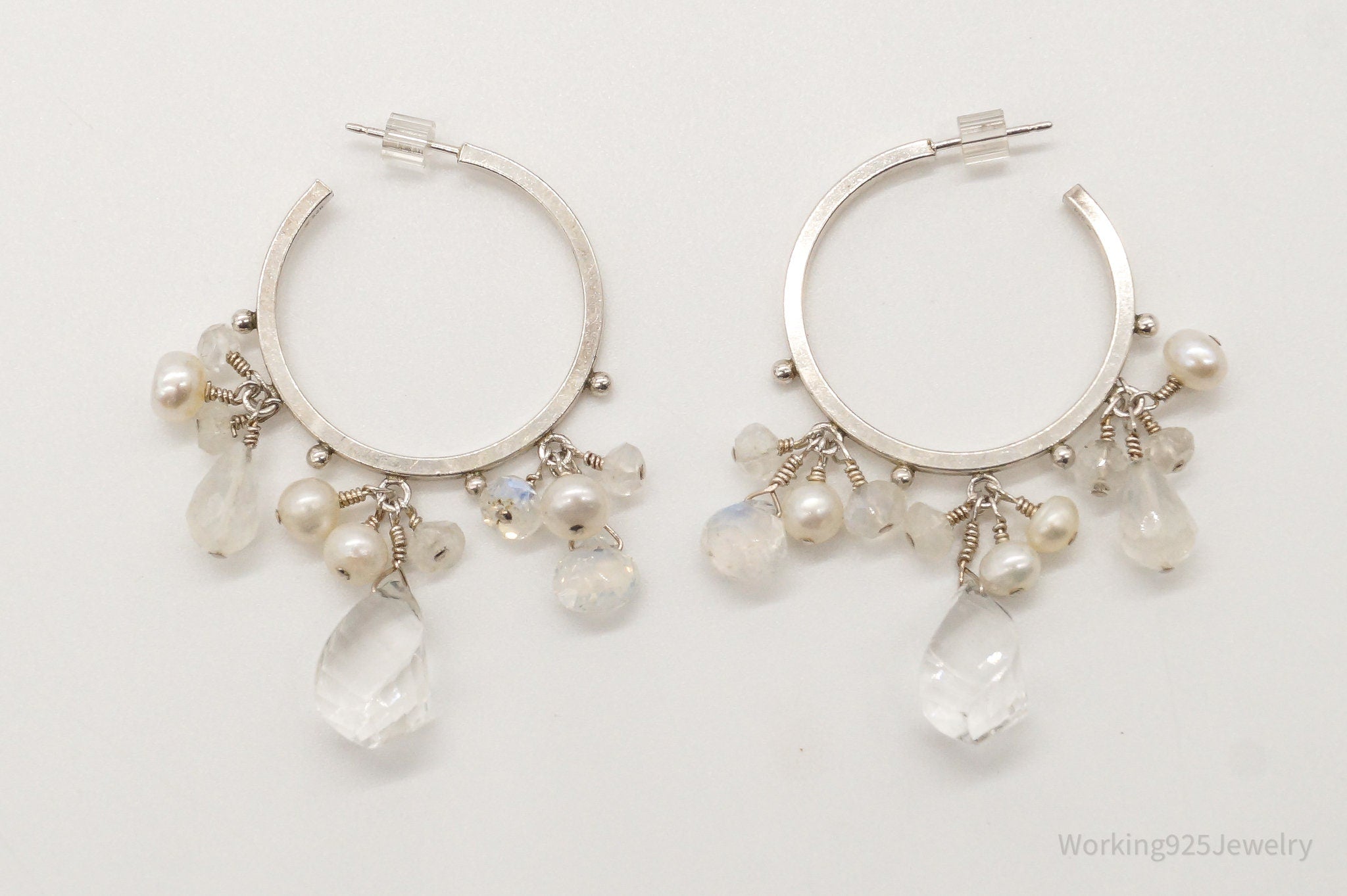 Vintage Crystal Quartz Pearl Moonstone Sterling Silver Hoop Earrings