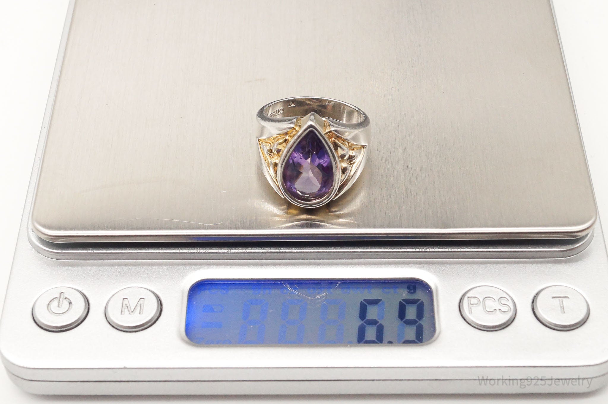 Vintage Large Amethyst Gold Vermeil Sterling Silver Ring - Size 7.25