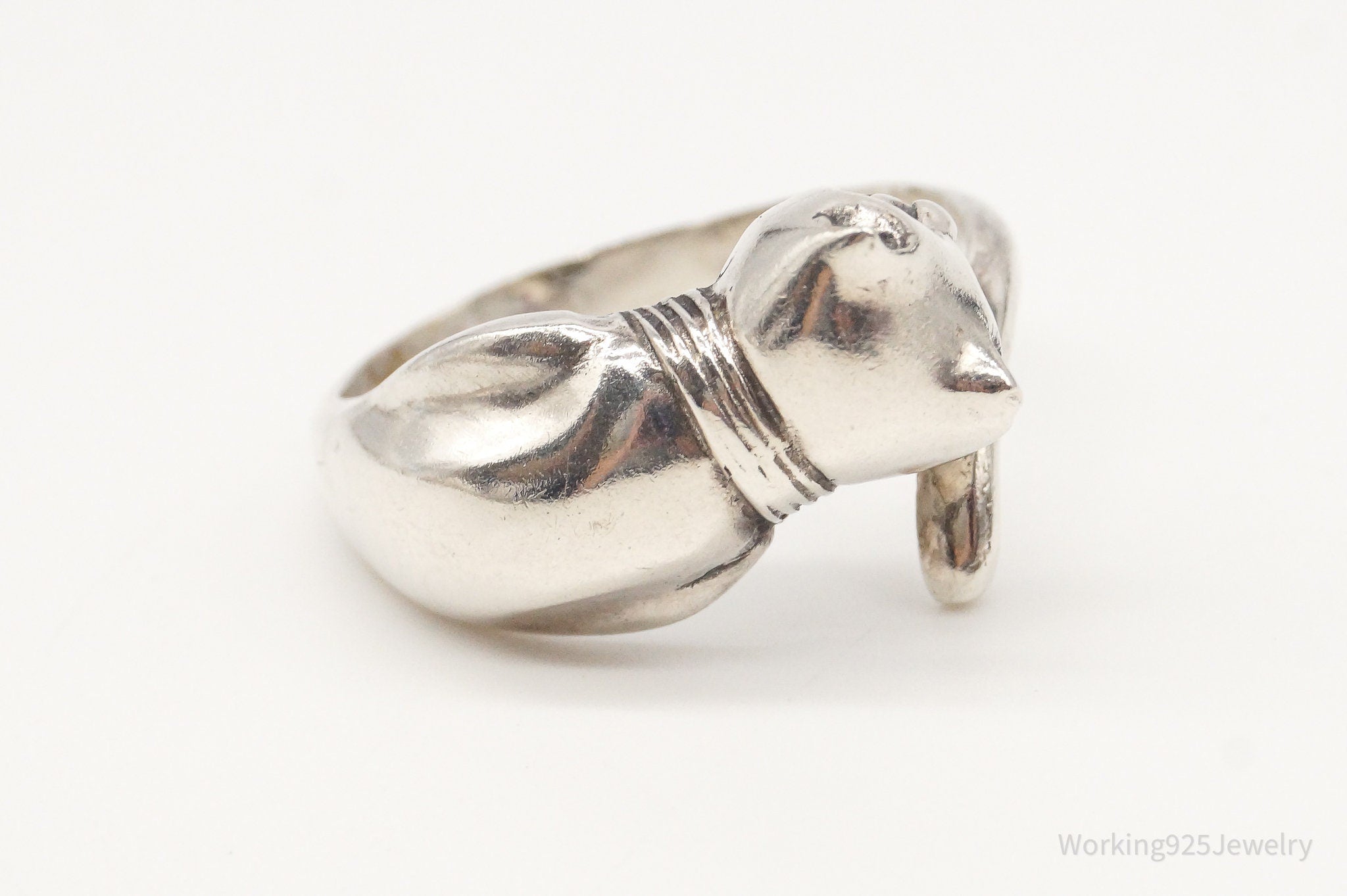 Vintage Designer BOMA Cat Kitty Kitten Sterling Silver Ring - Size 8.25 Adj.