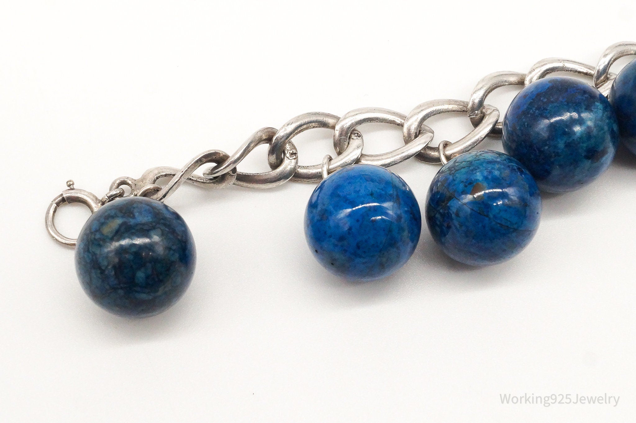 Antique Blue Stone Dangle Balls Sterling Silver Chain Bracelet