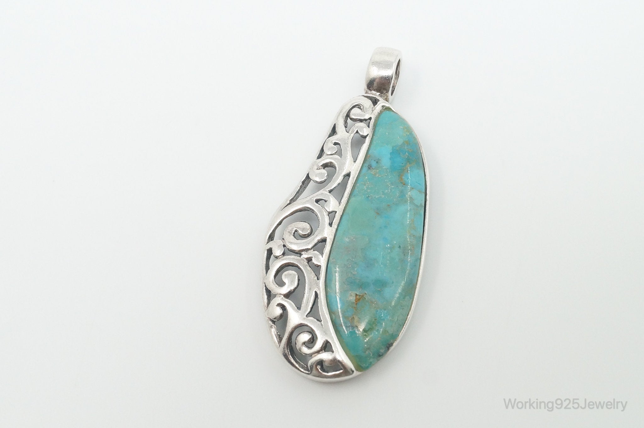 Large Vintage Turquoise Scroll Sterling Silver Southwestern Pendant