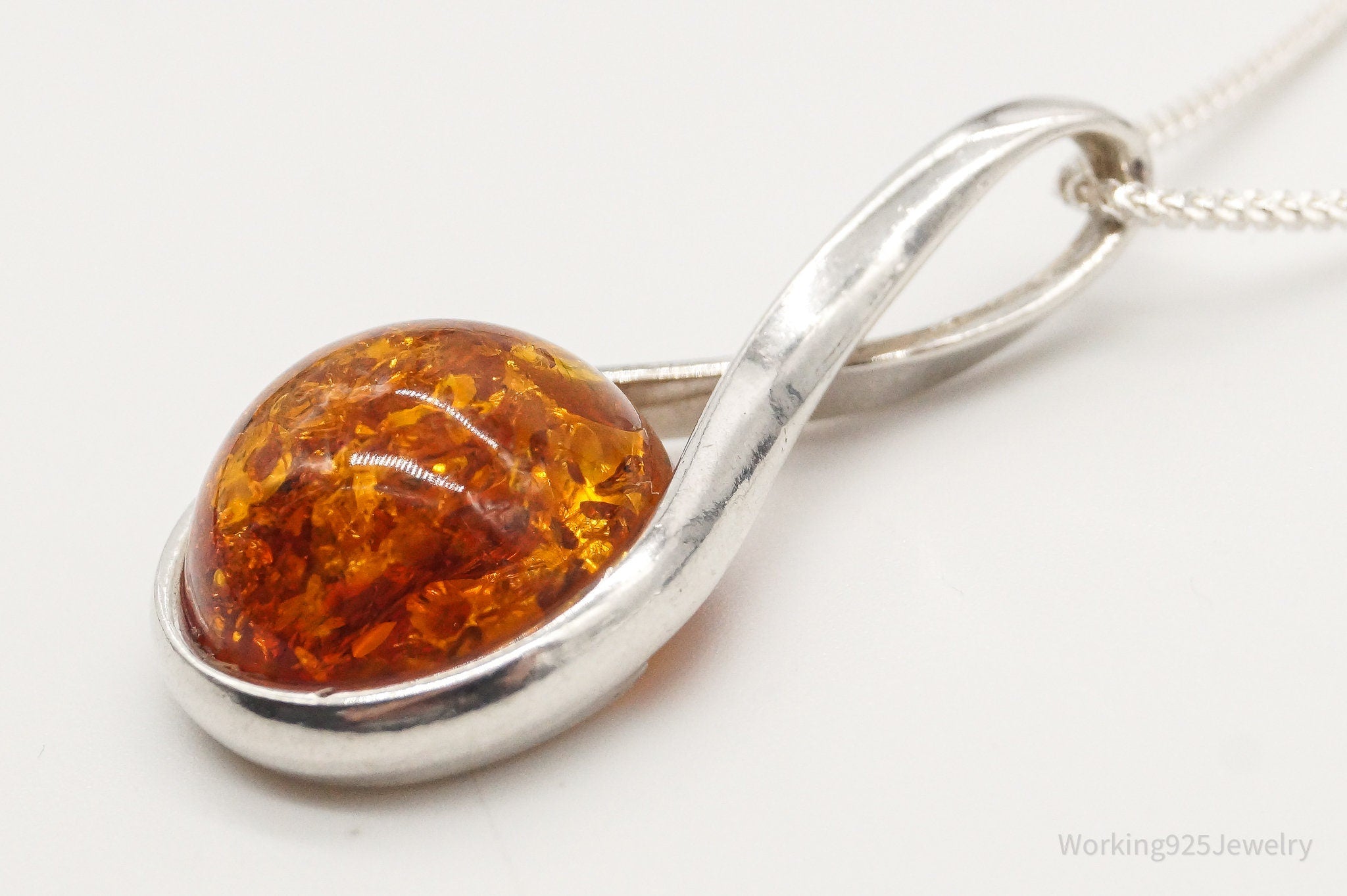 Vintage Large Amber Sterling Silver Adjustable Chain Necklace