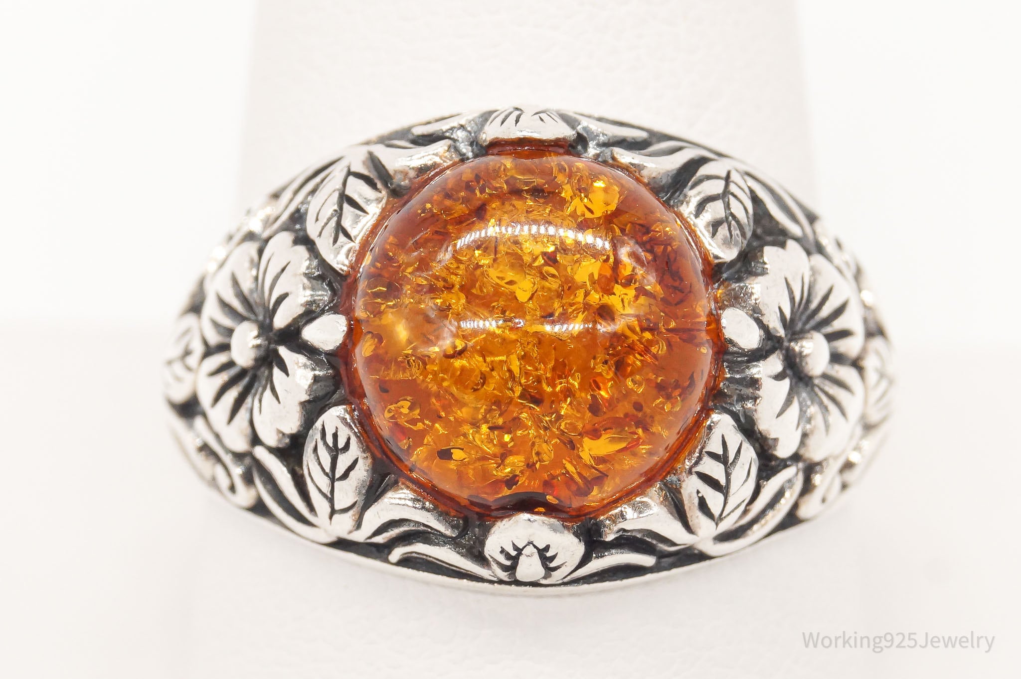 Vintage Designer BBJ Large Amber Floral Sterling Silver Ring - Size 10.75