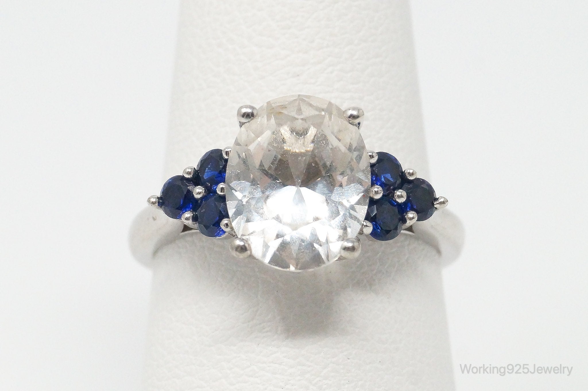 Vintage Designer Cubic Zirconia Lab Sapphire Sterling Silver Ring - Size 6.75