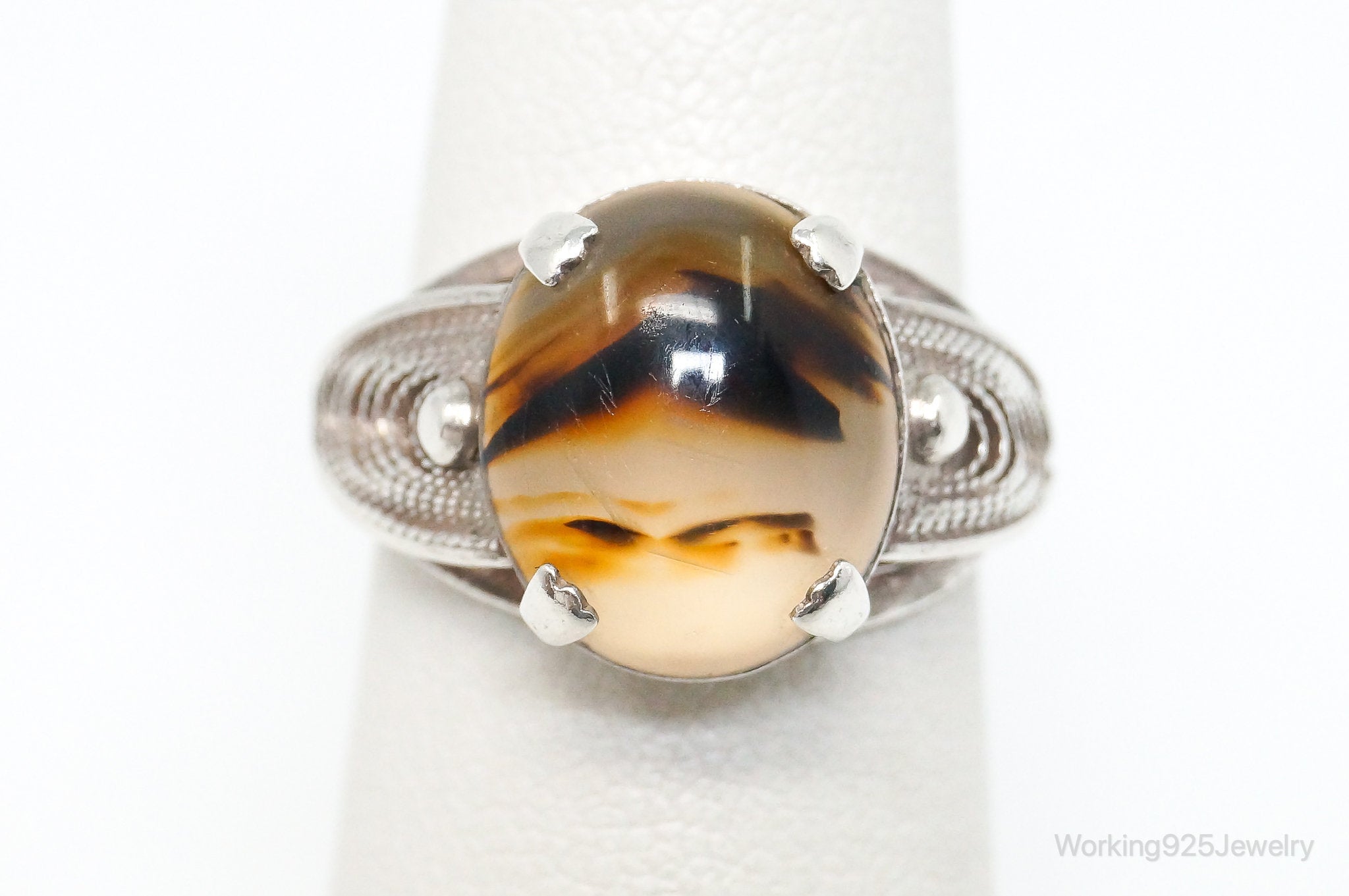 Antique Designer Sorrento Montana Agate Sterling Silver Ring SZ 4.75