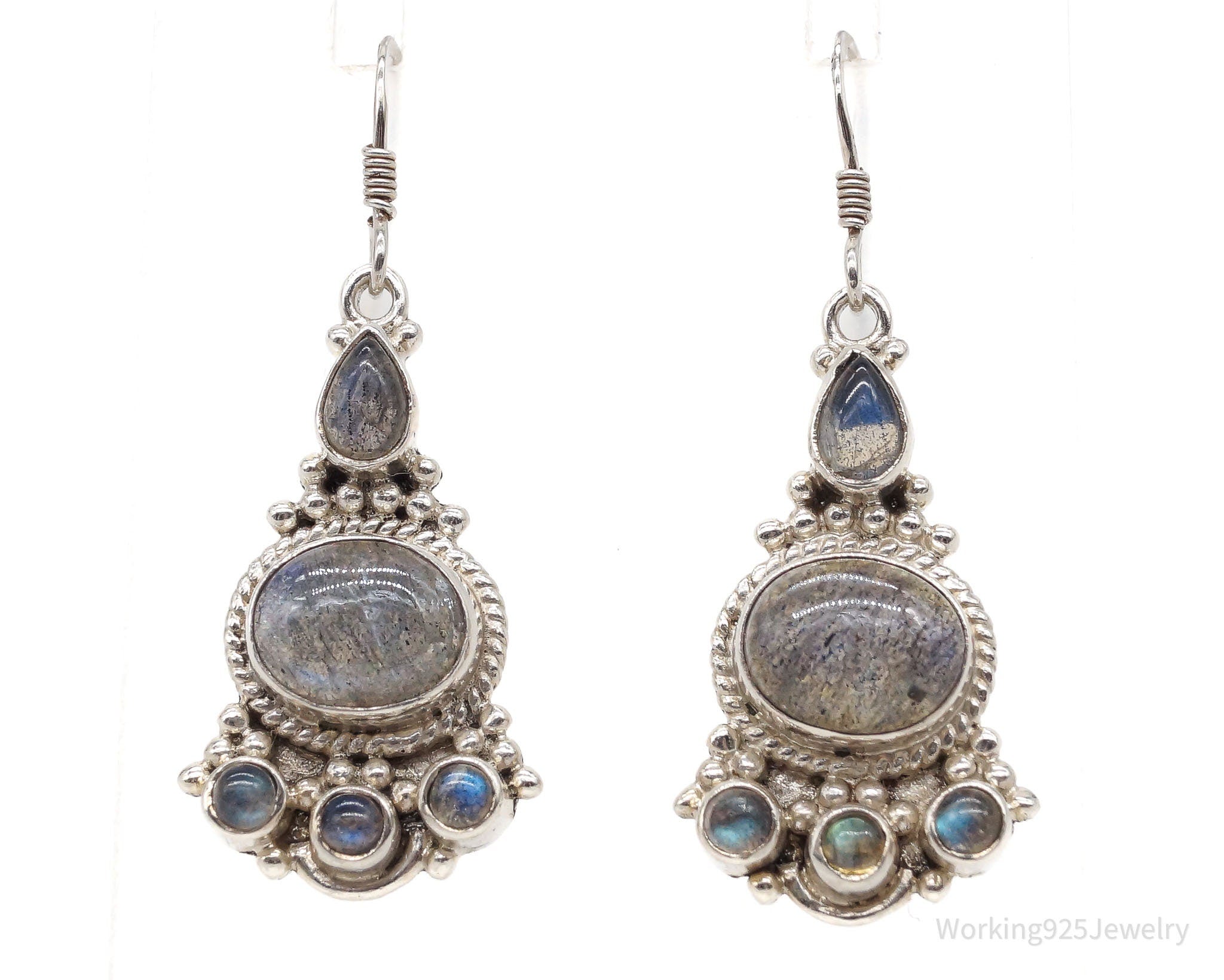 Vintage Labradorite Bali Inspired Filigree Sterling Silver Earrings