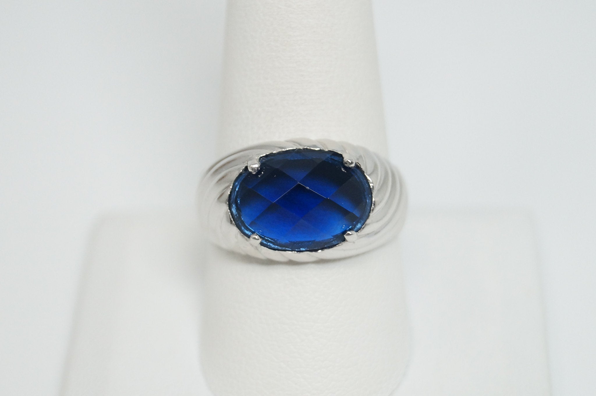 Vintage Art Deco Blue Sapphire Sterling Silver Ring - Sz 9.75