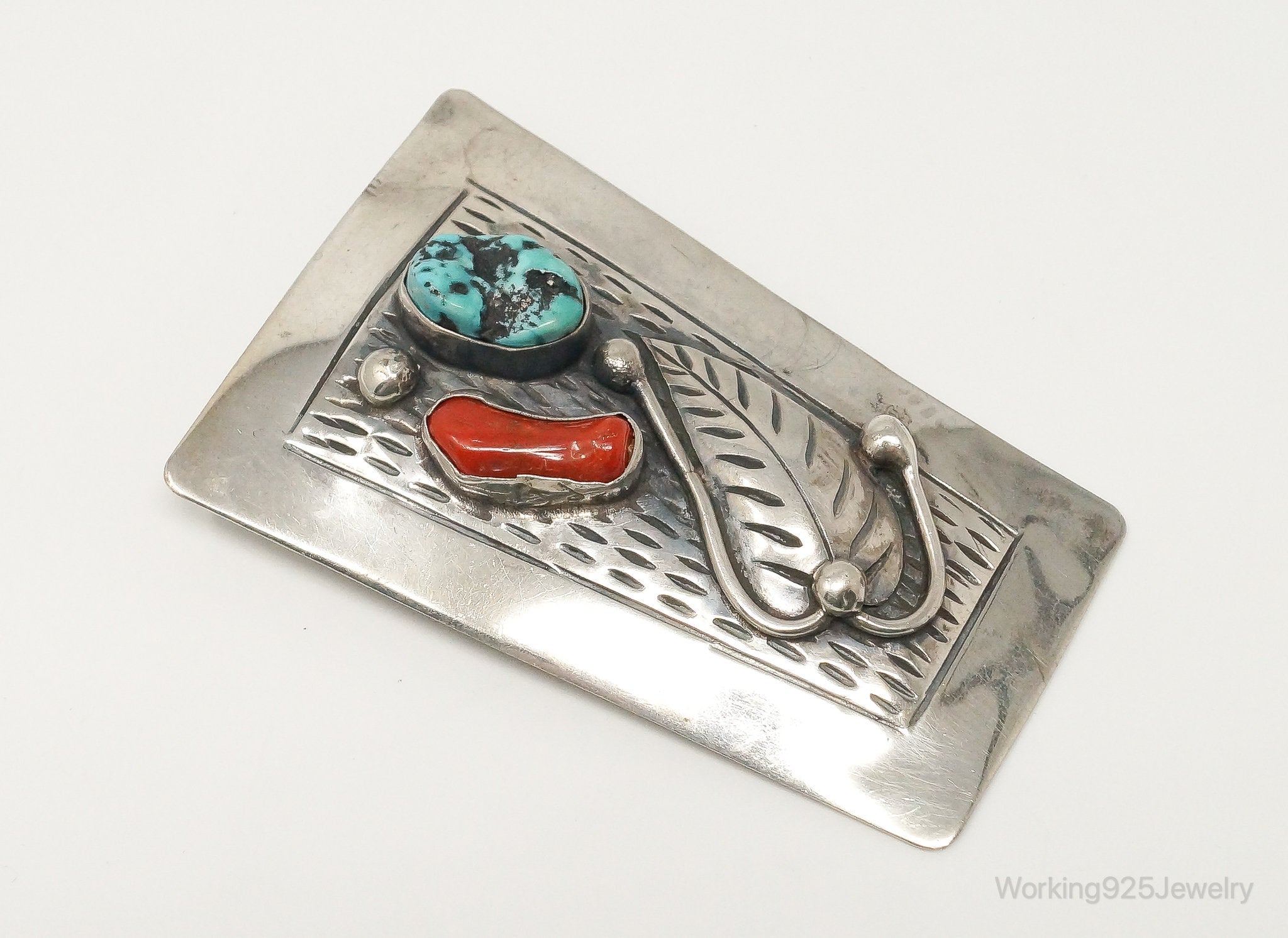 Native American David F Garcia Turquoise Coral Sterling Silver Bolo Tie Clip