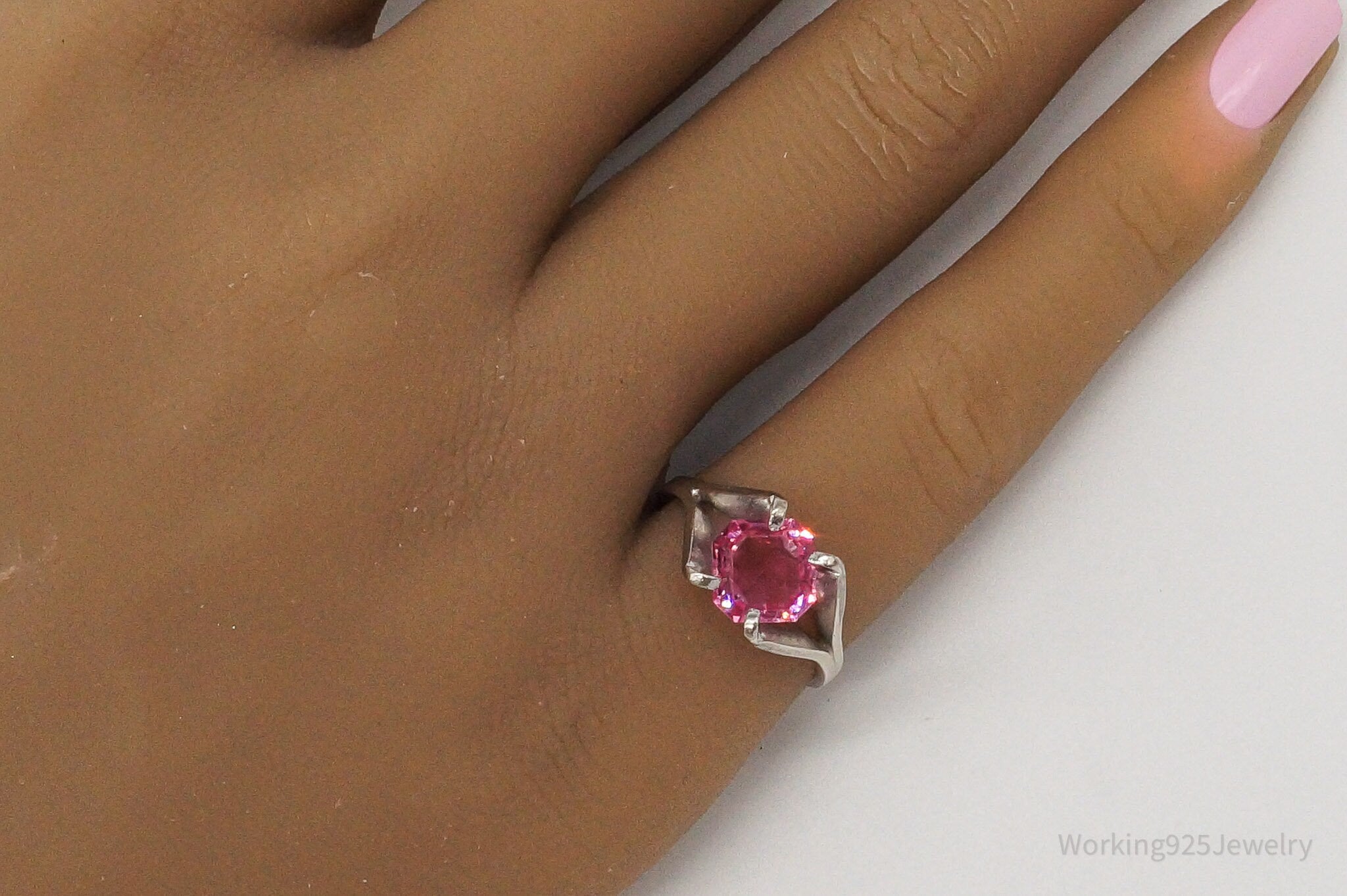 Vintage Designer Espo Pink Cubic Zirconia Sterling Silver Ring - Size 5