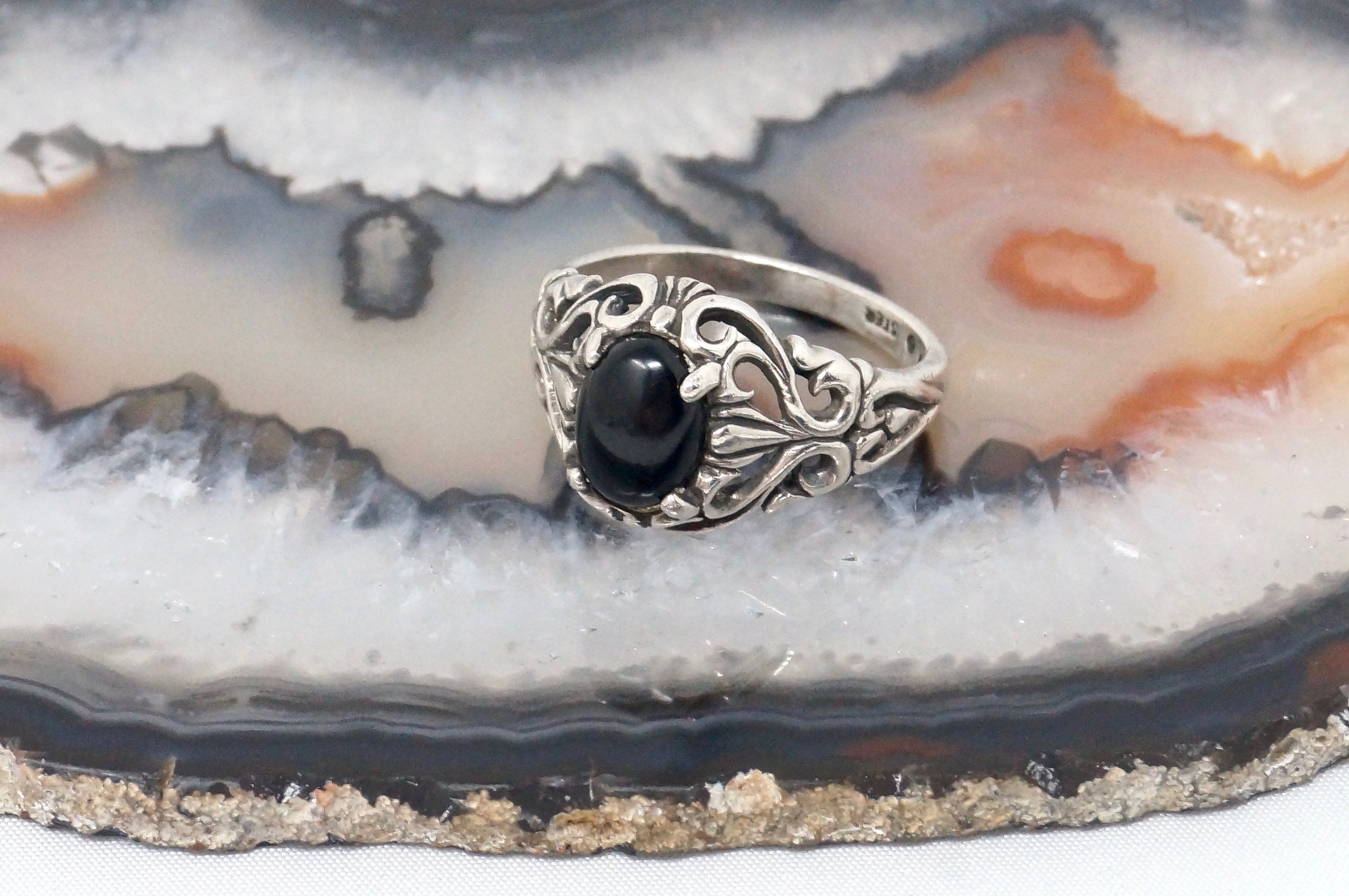 Vintage Kabana KBN Black Onyx Motif Swirl Sterling Silver Ring - Size 5.75