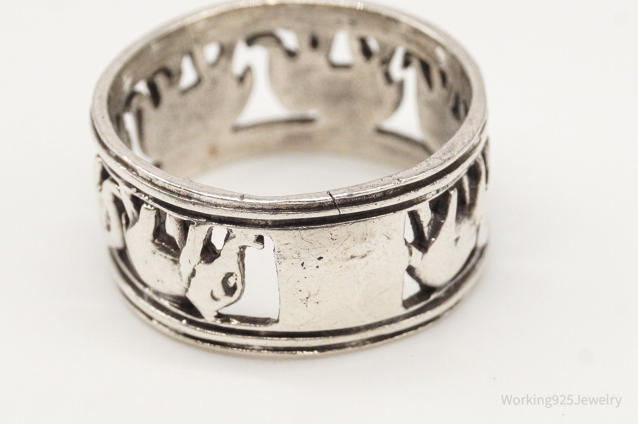 Vintage Elephants Good Luck Sterling Silver Band Ring - Size 8.75