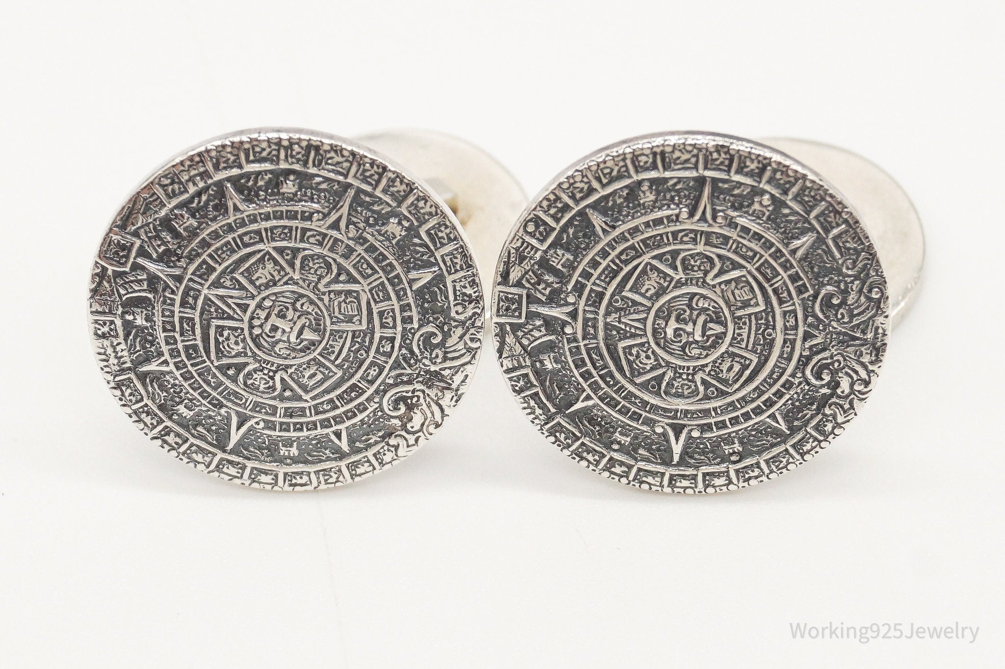 Large Vintage Mexico Mayan Calendar Sterling Silver Cufflinks