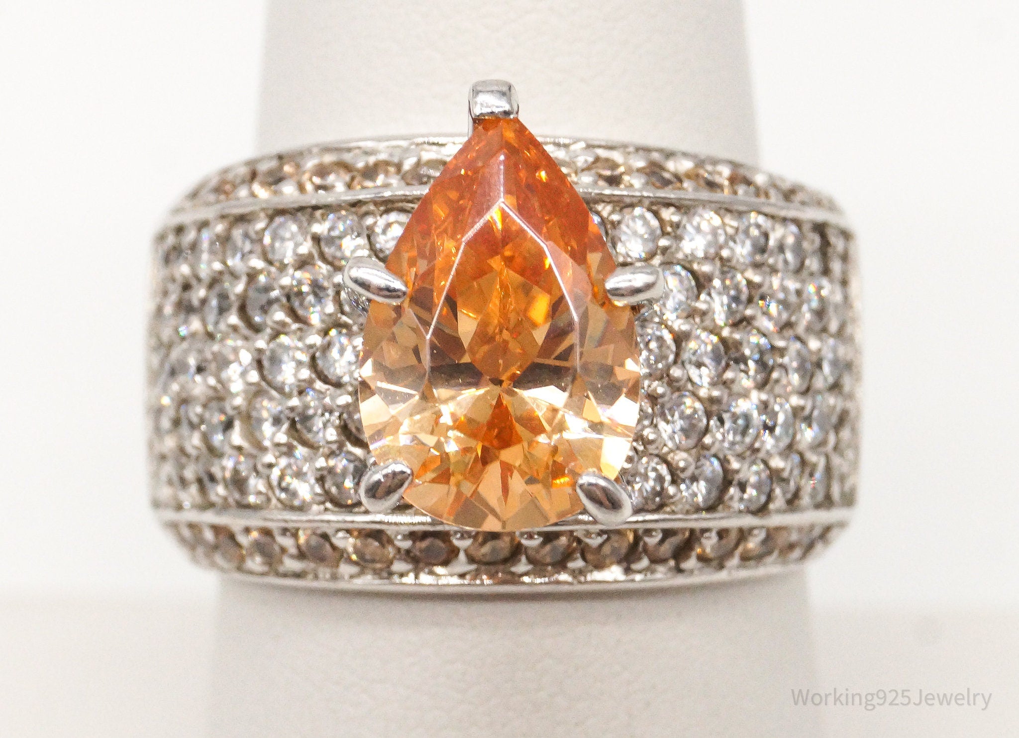 Vintage Large Citrine Cubic Zirconia Sterling Silver Ring - Size 8