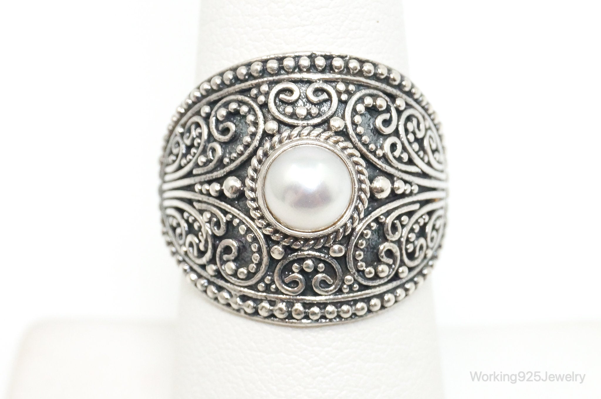 Vintage Bali Style Pearl Sterling Silver Ring - Size 7.5