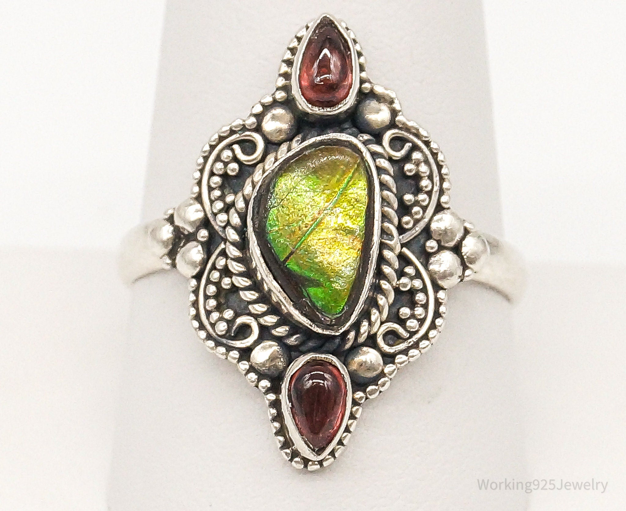 Vintage Ammolite Rhodolite Garnet Sterling Silver Ring - Size 10