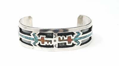 Vtg Native American Yei Bi Chei Turquoise Coral Sterling Silver Cuff Bracelet