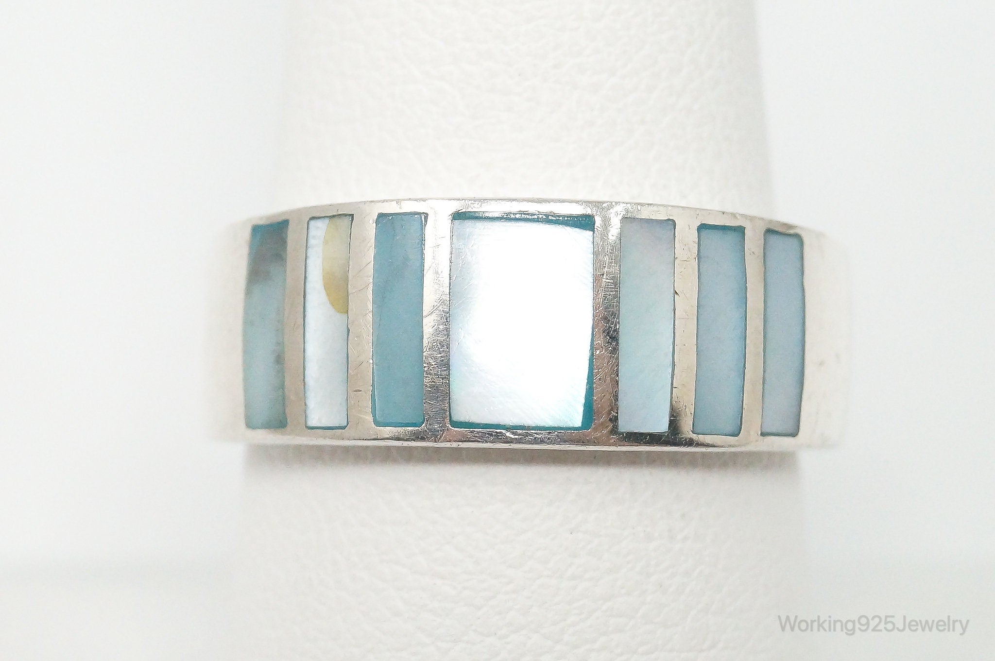 Vintage Blue Mother Of Pearl Sterling Silver Ring - Size 8.75