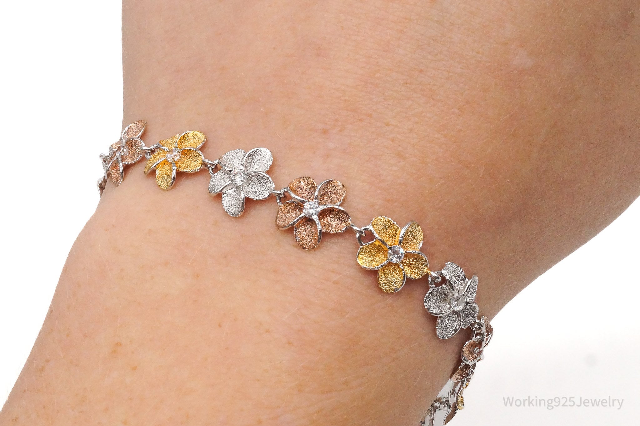 Vintage Cubic Zirconia Flowers Sterling Silver Three Tone Bracelet